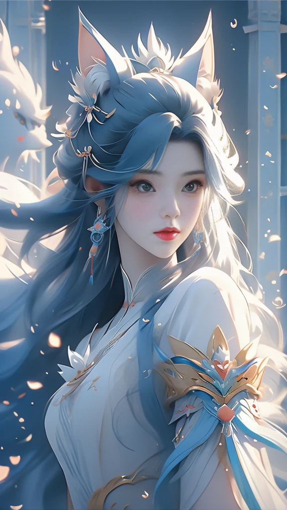 anime girl with long hair and a white shirt and a blue wolf, alice x. zhang, beautiful character painting, fantasy art style, by Yang J, inspired by Sim Sa-jeong, trending on cgstation, stunning art style, inspired by Ai Xuan, in the art style of bowater, trending on artstration, trending artgerm