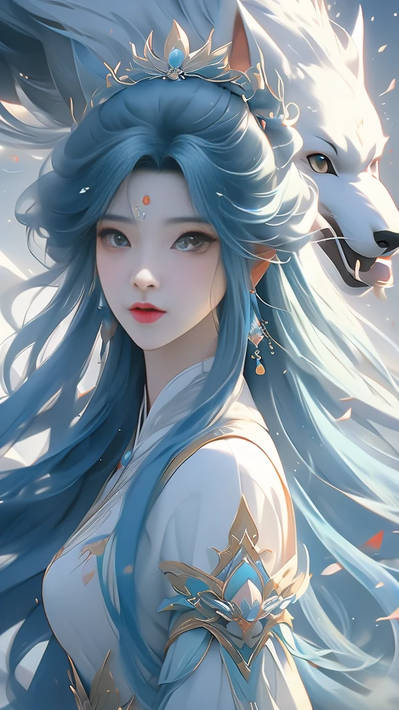 anime girl with long hair and a white shirt and a blue wolf, alice x. zhang, beautiful character painting, fantasy art style, by Yang J, inspired by Sim Sa-jeong, trending on cgstation, stunning art style, inspired by Ai Xuan, in the art style of bowater, trending on artstration, trending artgerm
