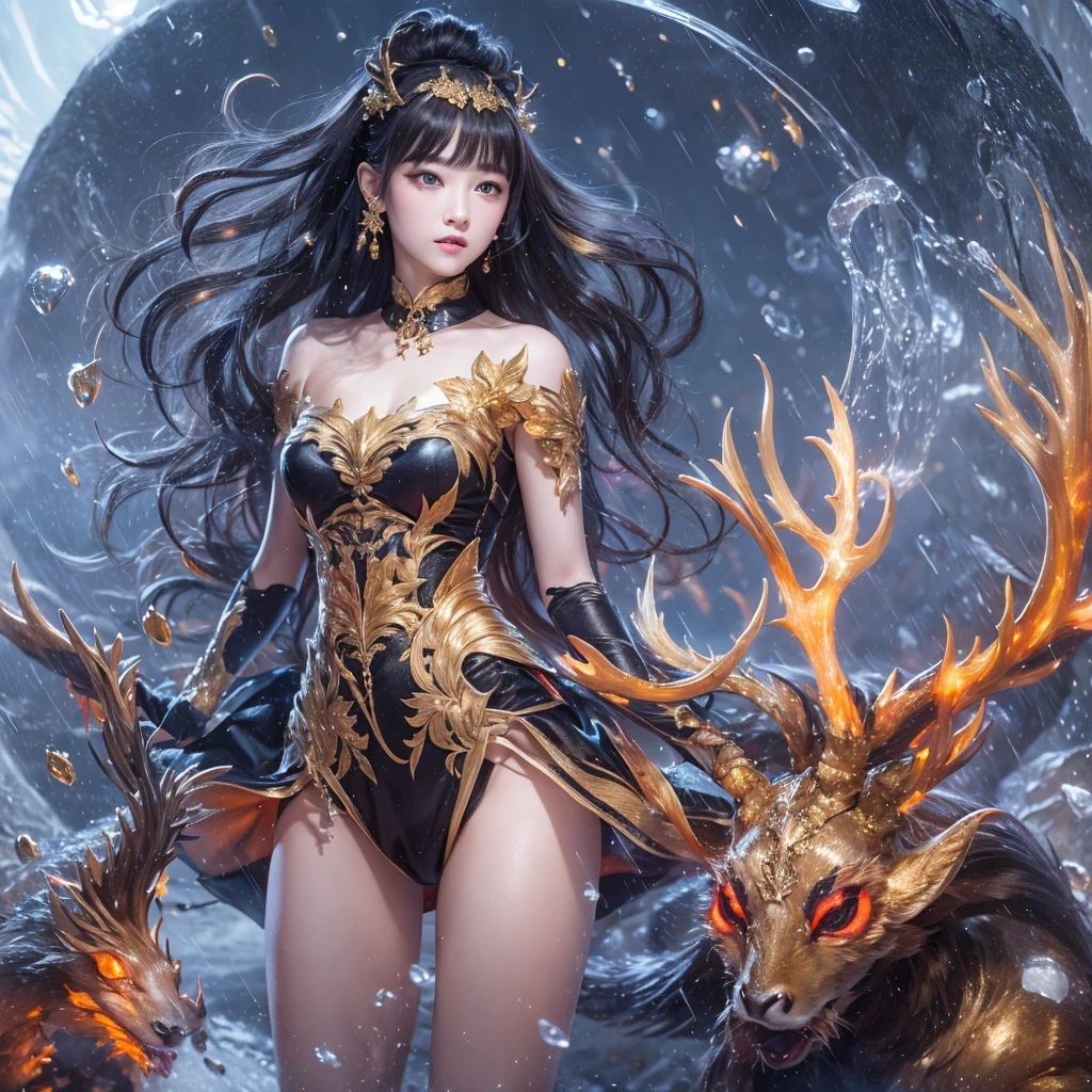 deer角飞天九尾浅蓝天师火焰毛deer星，novel，Torch Night Black Gold Orange Snake Print Silk Trousers，Rouge Diamond Tulle Sheer Lizard Print，Fat girl flying in space in the snow 1:900 miniatures，Front view，pure transparency，put on boxing gloves，佩戴金框反Light太阳镜，Panoramic super wide angle，very happy，Authentic and delicate texture，Strong visual impact，super detailed，dream girl，delicate face型，beautiful eyes，Hair floating in the air， cherry style，Zhou Xiaotong，crystal clear，Good sense of perspective，Light影效果，16KLight滑，surface reflected Light，flowing black hair，Water Goddess 32K，complicated，grace，Very detailed，Gorgeous，digital photography，Autumn Cowboy Shooting，Surrealism，broken ruby，defeat magic，Water magic entanglement，（masterpiece，Light，beautiful eyes：1.2），high dynamic range，void 5 energy storm，(china 1 girl，black eyes:1.5），rouge skin，发Light的皮肤，(sit on stone：1.5），delicate face，black hair，穿上Gorgeous金色铠甲，take off shoulders，deer，short skirt，beautiful golden armor，it&#39;it&#39;It&#39;s raining，beautiful，Don&#39;t look at the audience，Turn your back to the camera，masterpiece，side,side portrait close-up