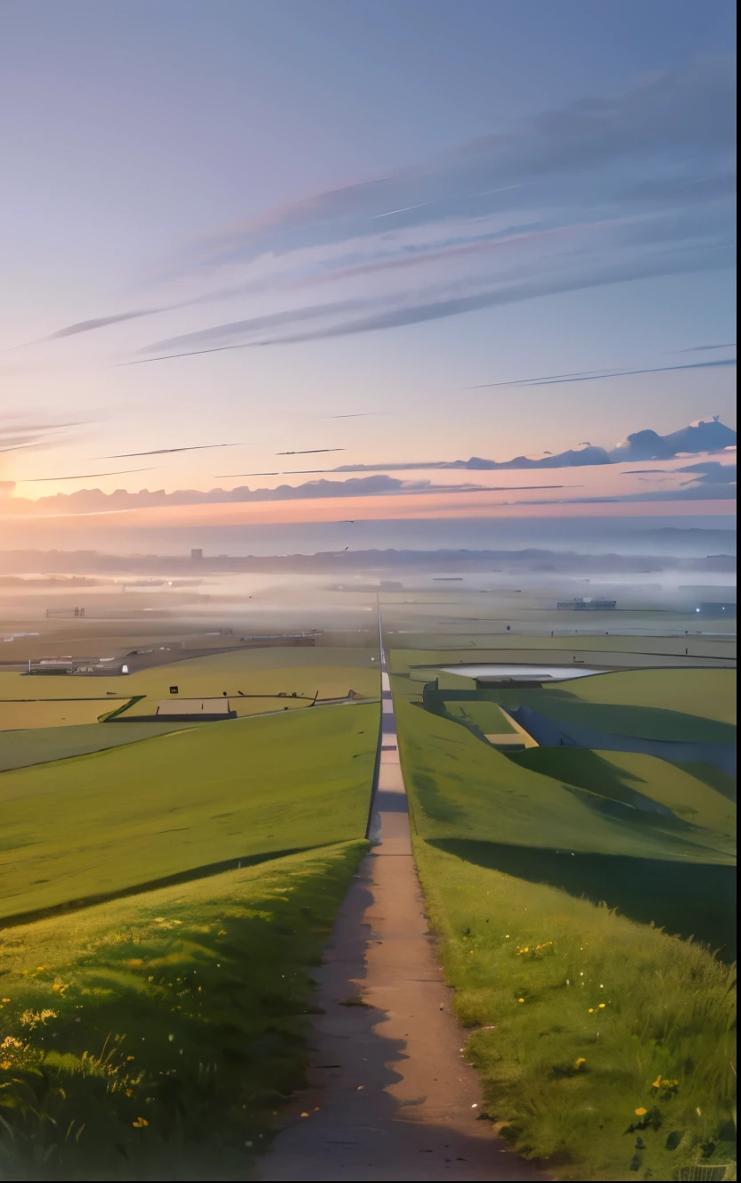 highest quality, masterpiece, ultra high resolution, (realism: 1.4), oil painting style, movie lighting, Endless grassland dotted with several houses, I stood on the empty asphalt road and looked at it., fairy mountain々was foggy, and the crane was flying