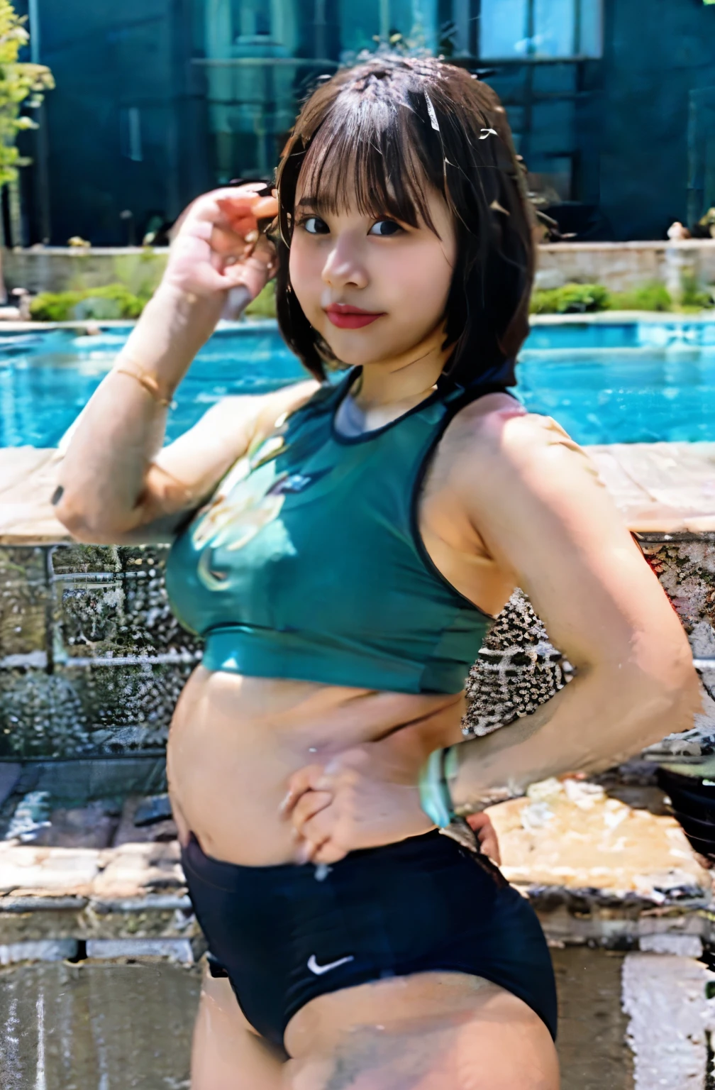 1 girl、big belly、plump belly、20-year-old、training wear、short hair
