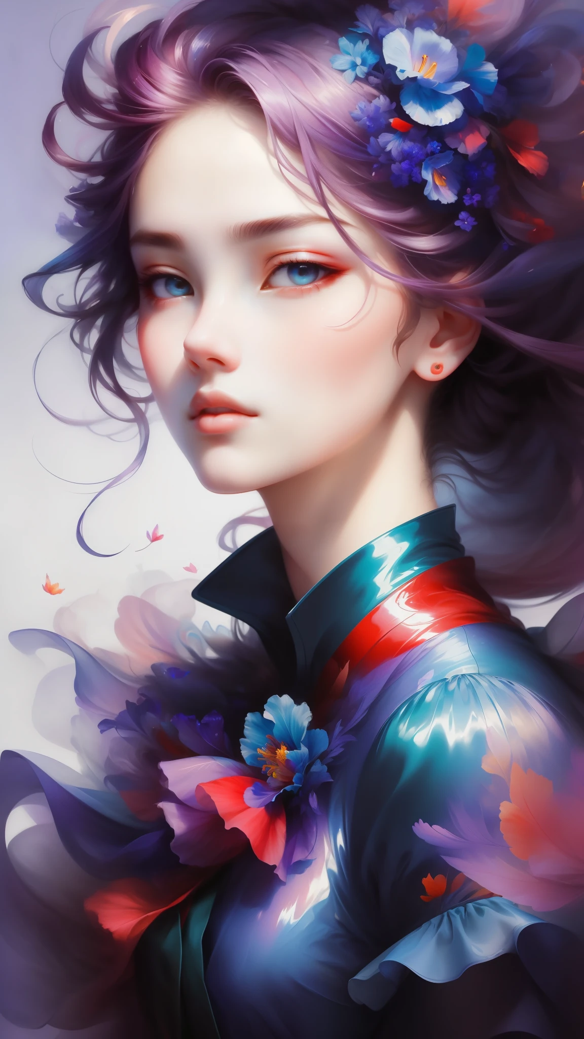 _James Jean, Floating female figure made from ribbon, smokes, in the sky, Colorful、Energetic, mysterious color, contemporary impressionism, yanjun cheng portrait painting, iridescence painting, 3/4 perspective, cute face, low angle, Sweeping and circling composition, beautiful big crystal eyes, large iris, ultra high definition, high dynamic range, 8k, (masterpiece:1. 5), (The most beautiful portraits in the world:1.5),whole body