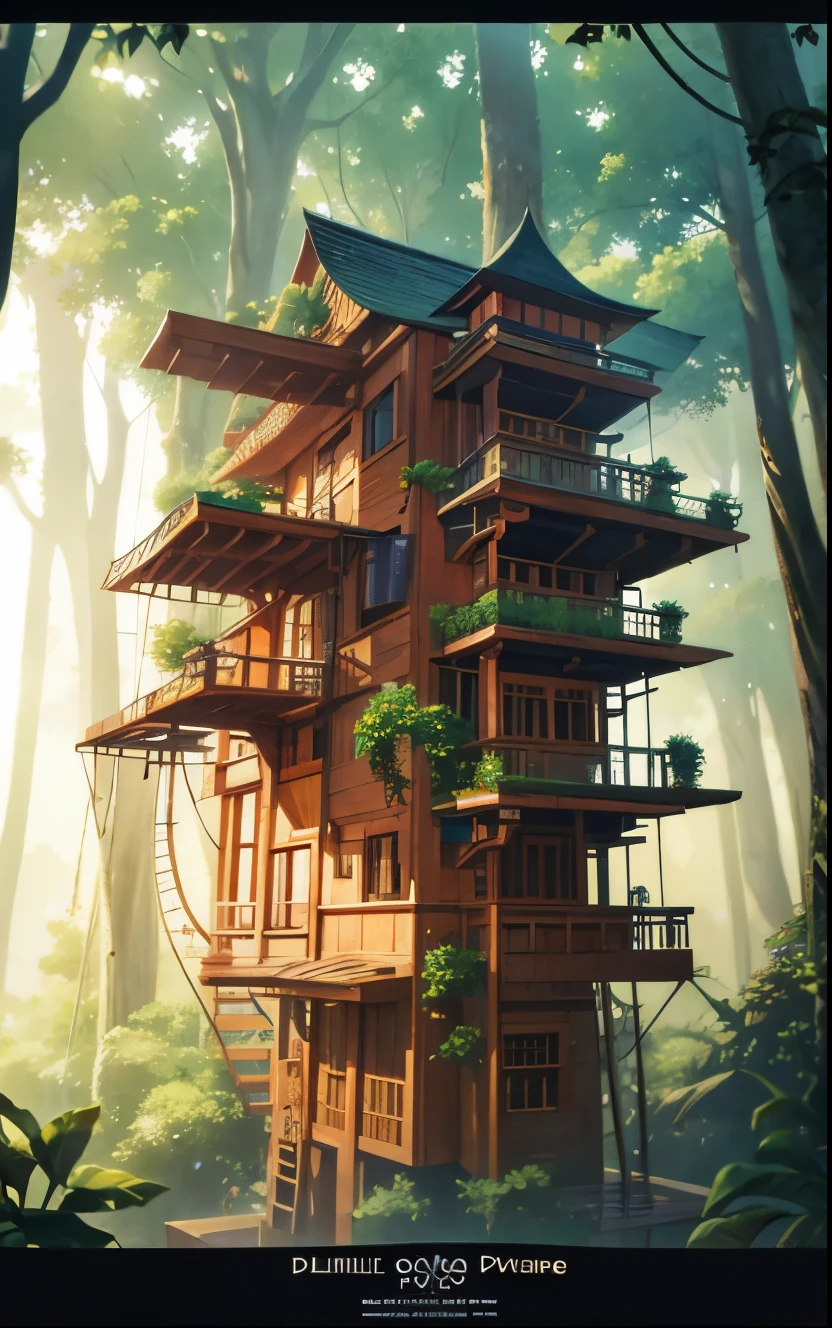 (PiroxiumDiffusion style:0.5), beautiful jungle tree house,cinematic, (masterpiece),lively