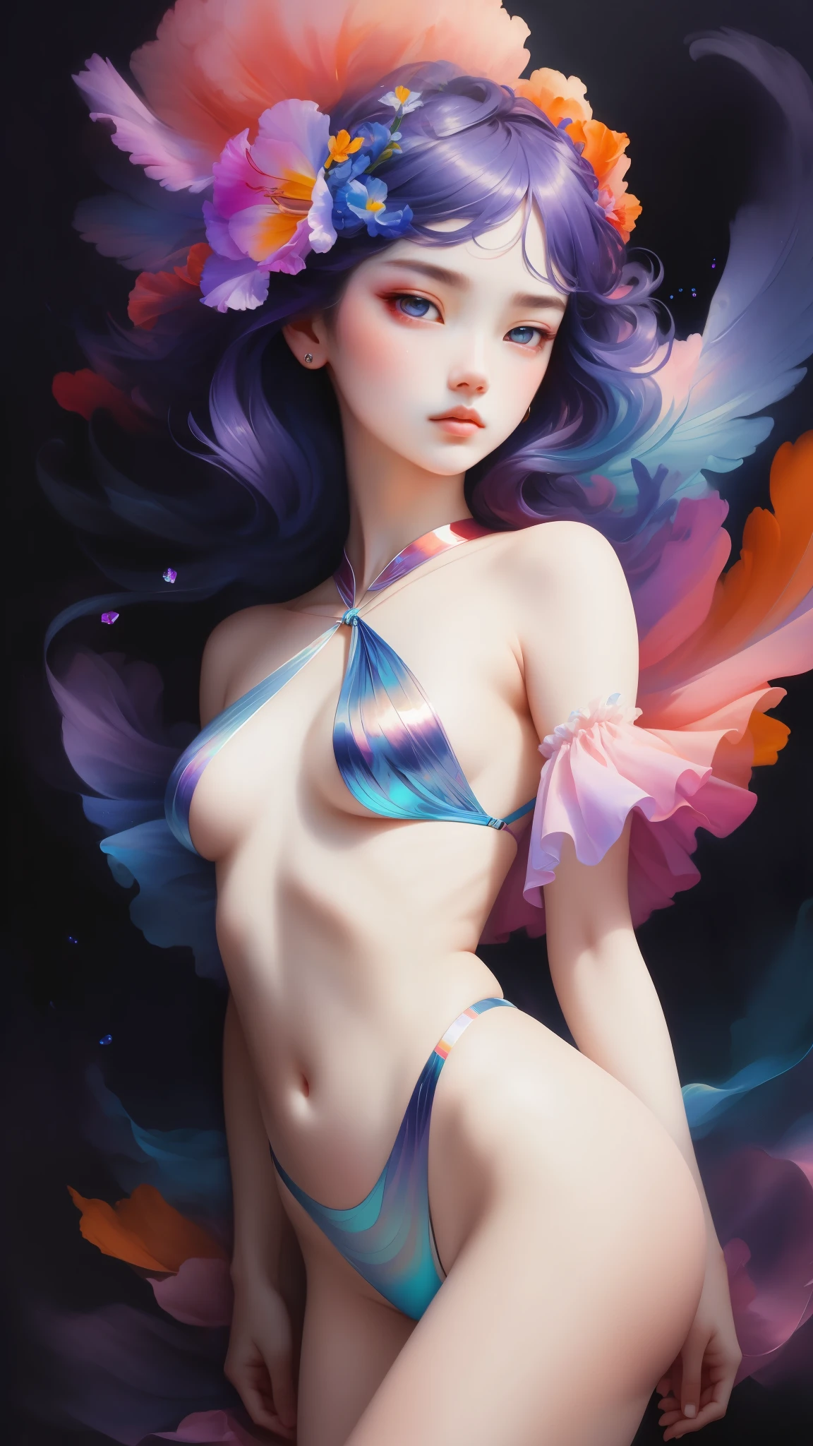 _James Jean, Floating female figure made from ribbon, smokes, in the sky, Colorful、Energetic, mysterious color, contemporary impressionism, yanjun cheng portrait painting, iridescence painting, 3/4 perspective, cute face, low angle, Sweeping and circling composition, beautiful big crystal eyes, large iris, ultra high definition, high dynamic range, 8k, (masterpiece:1. 5), (The most beautiful portraits in the world:1.5),whole body