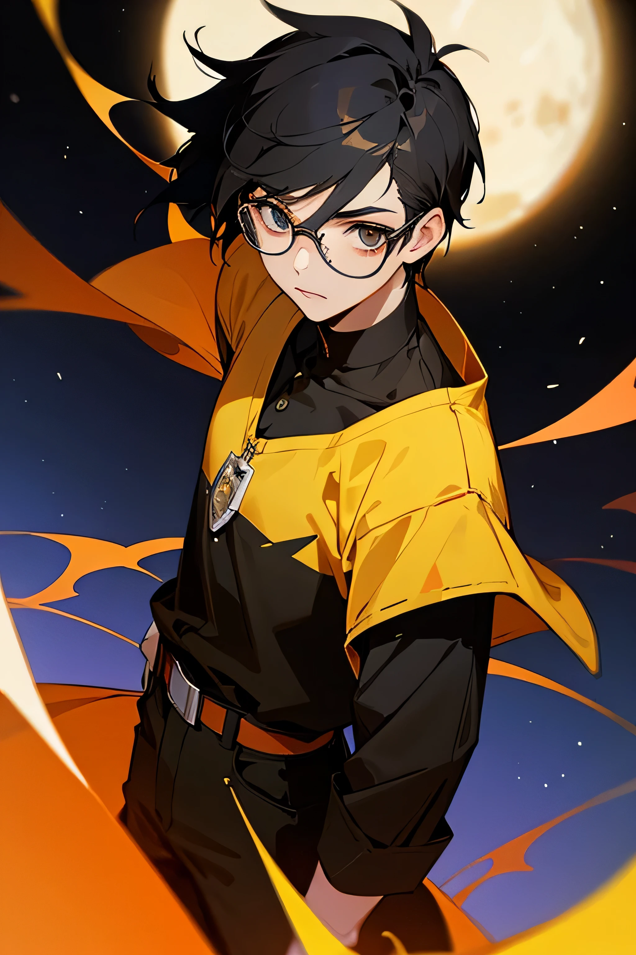 black hair boy with glasses. Night background