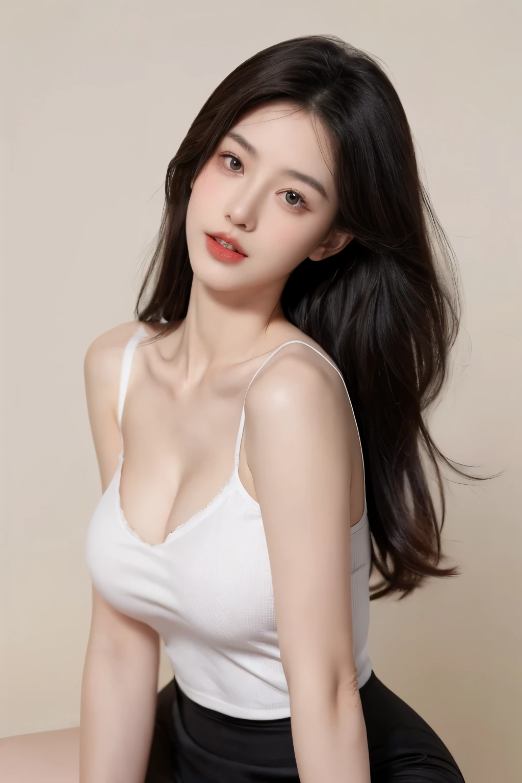 （lifelike,high resolution：1.3）， A slim girl， The face shape and eyes are super delicate,black hair,red glossy lips,(beautiful face), (best quality), (Super detailed), (Extremely detailed CG unified 8k wallpaper),((Tight slim camisole)),(White background),(cleavage),sexy look,big eyes,(standing),(Slim waistline),perky breasts,soft breasts,very realistic breasts,Character centered,Underwear shoulder straps,short skirt,sexy pose,(big breasts)