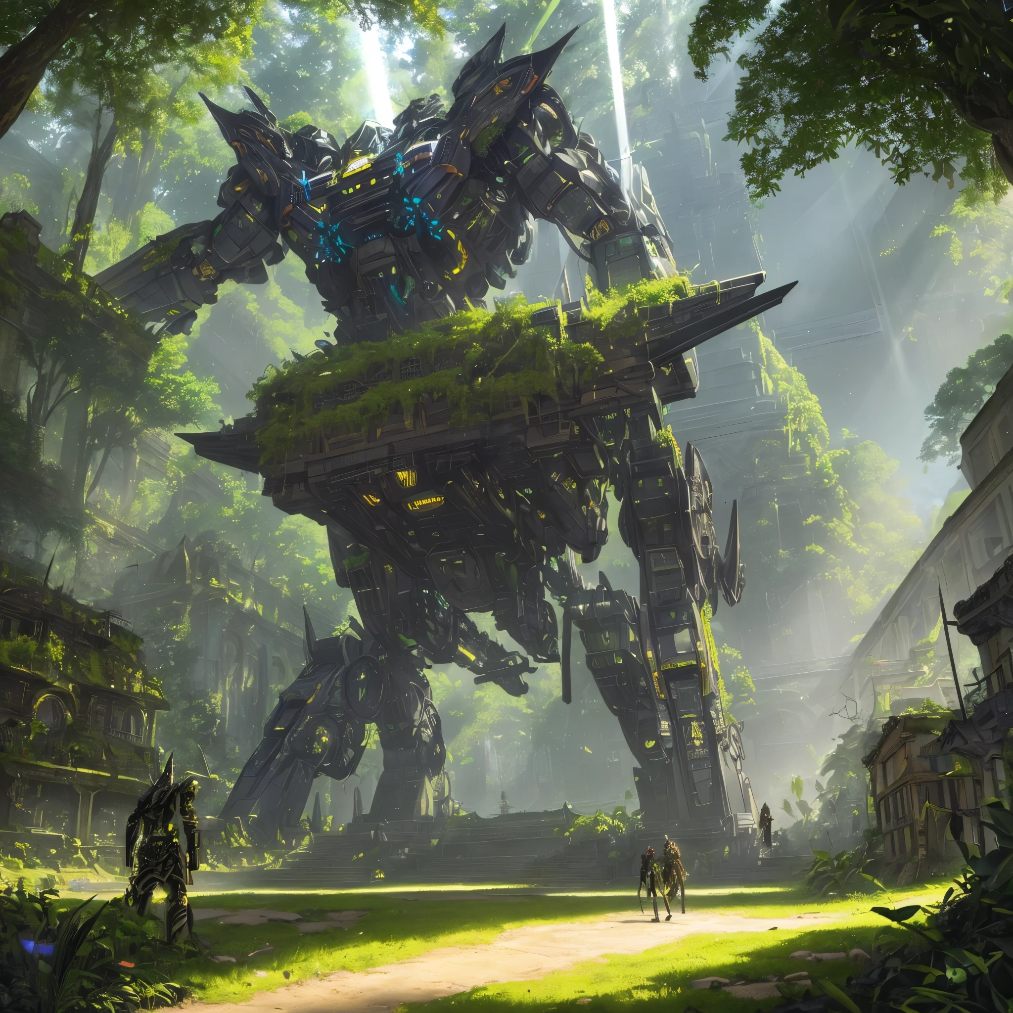 (a massive pyramid,naturalistic,overgrown with foliage),giant mecha of an Aztec god,figs,vines,jungle,ancient civilization,imposing presence,cryptic symbols,impressive engineering,complex machinery,detailed gears and joints,weathered metal and stone,concealed power source,moss-covered surfaces,mysterious atmosphere,ancient technology merging with nature,rays of sunlight piercing through the foliage,heavy footsteps signaling its movement,shadowy corners and hidden passages,ancient artifacts scattered around,exotic flora and fauna,gold accents glinting in the sunlight,sound of buzzing insects and chirping birds echoing in the distance,imposing and awe-inspiring,mixture of mythology and futuristic technology,rich color palette,high contrast lighting,ethereal and surreal,hints of supernatural power,immense scale and grandeur.(best quality,highres,ultra-detailed,photorealistic), Aztec god mecha emerging from the jungle-covered pyramid.