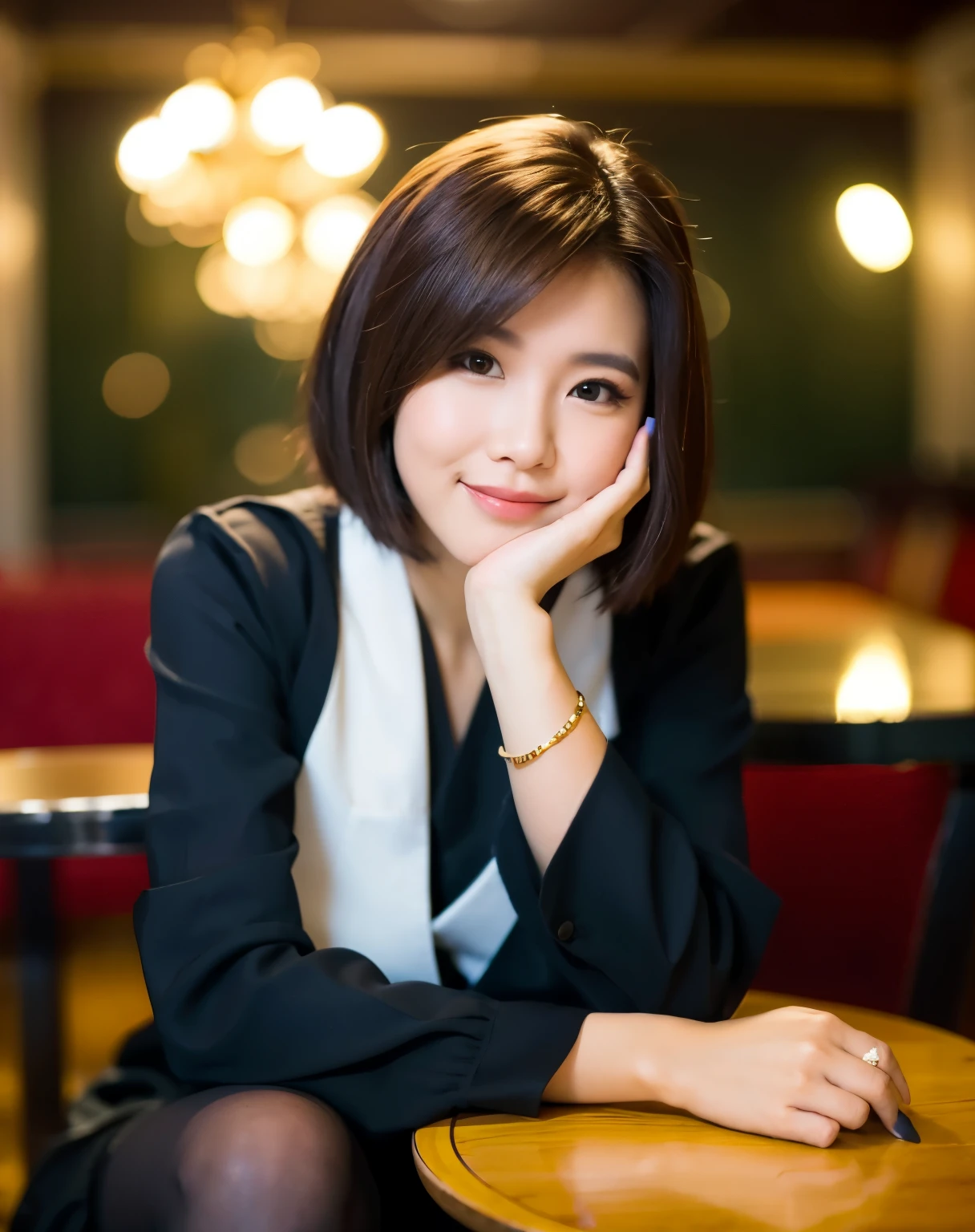 there is a woman sitting at a table with her hand on her chin, with short hair, 🤤 girl portrait, mai anh tran, headshot profile picture, a young asian woman, captured on canon eos r 6, sakimi chan, anime thai girl, joy ang, shot with sigma f/ 4.2, shot with sigma f / 4. 2
