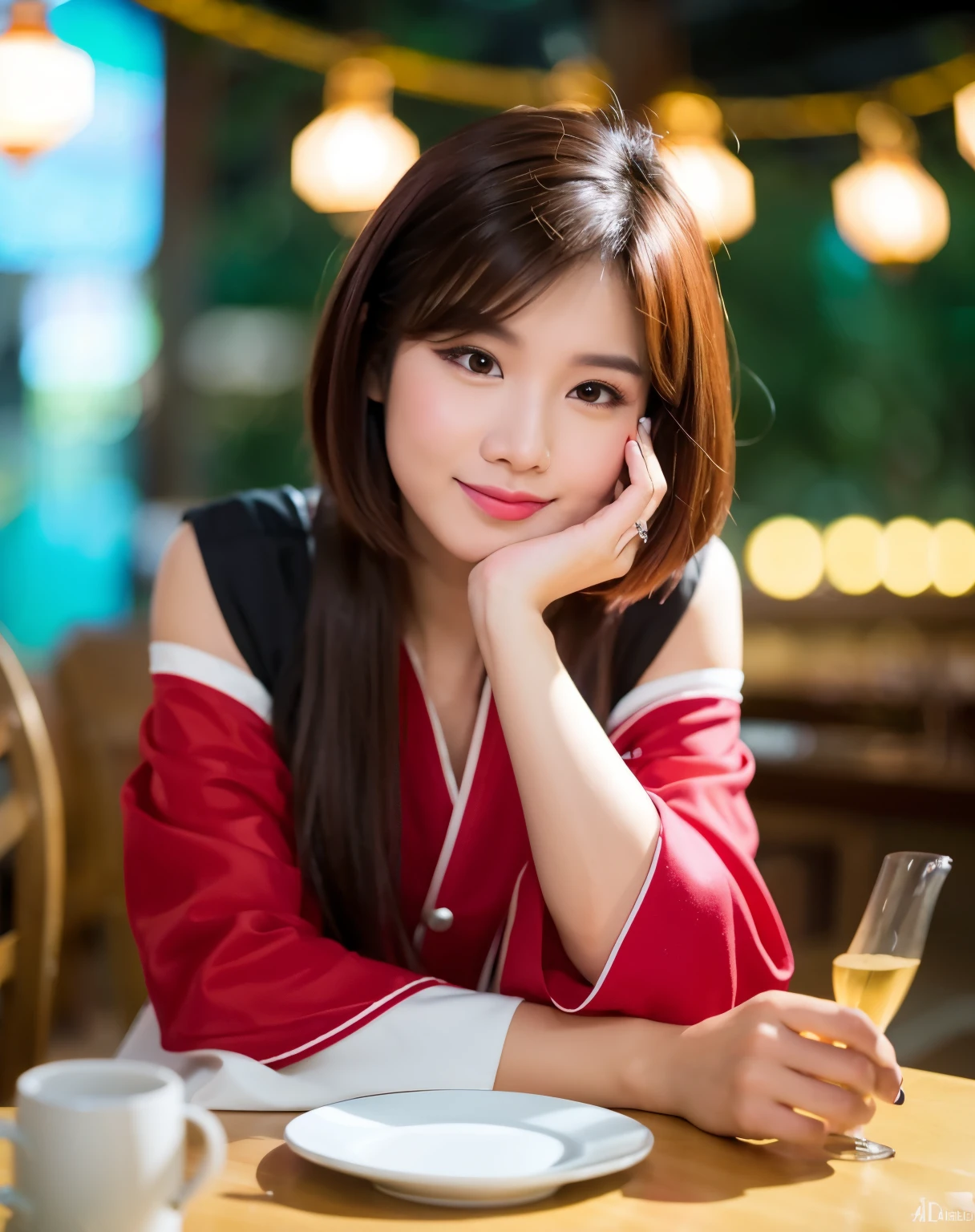 there is a woman sitting at a table with her hand on her chin, with short hair, 🤤 girl portrait, mai anh tran, headshot profile picture, a young asian woman, captured on canon eos r 6, sakimi chan, anime thai girl, joy ang, shot with sigma f/ 4.2, shot with sigma f / 4. 2