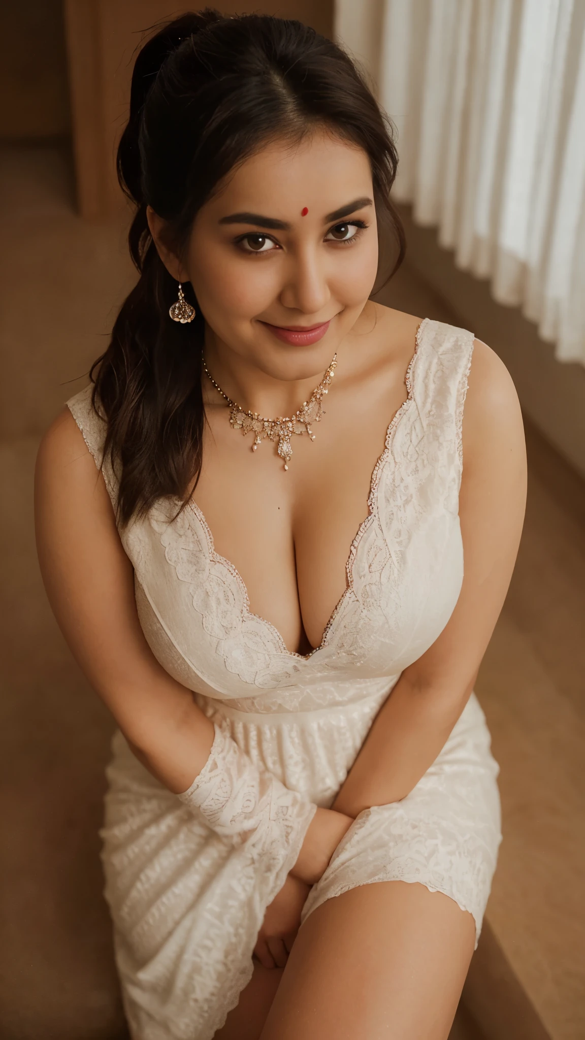 from top view, extreme close up photo of cute sexy indian, big cheeks, hourglass figure, swooping breasts, seducing on mountains, ponytail, necklace, sultry, seductive eyes, look at viewer and subtle smile, white lace night dress, (cinematic:1.3), intricate details, (ArtStation:1.2)