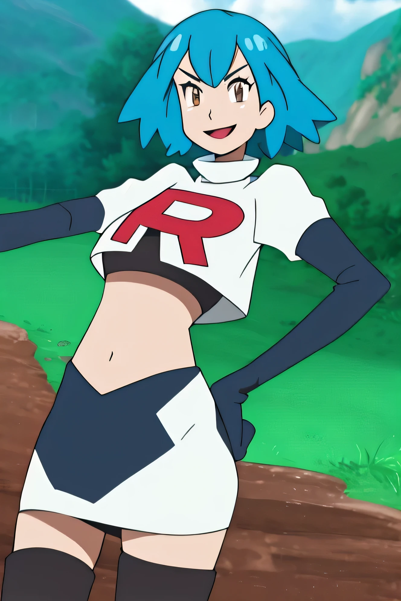 view of the valley, with grass, team rocket uniform, red letter r, white skirt,white crop top,black thigh-high boots, black elbow gloves, evil smile, looking at viewer, hands on hips