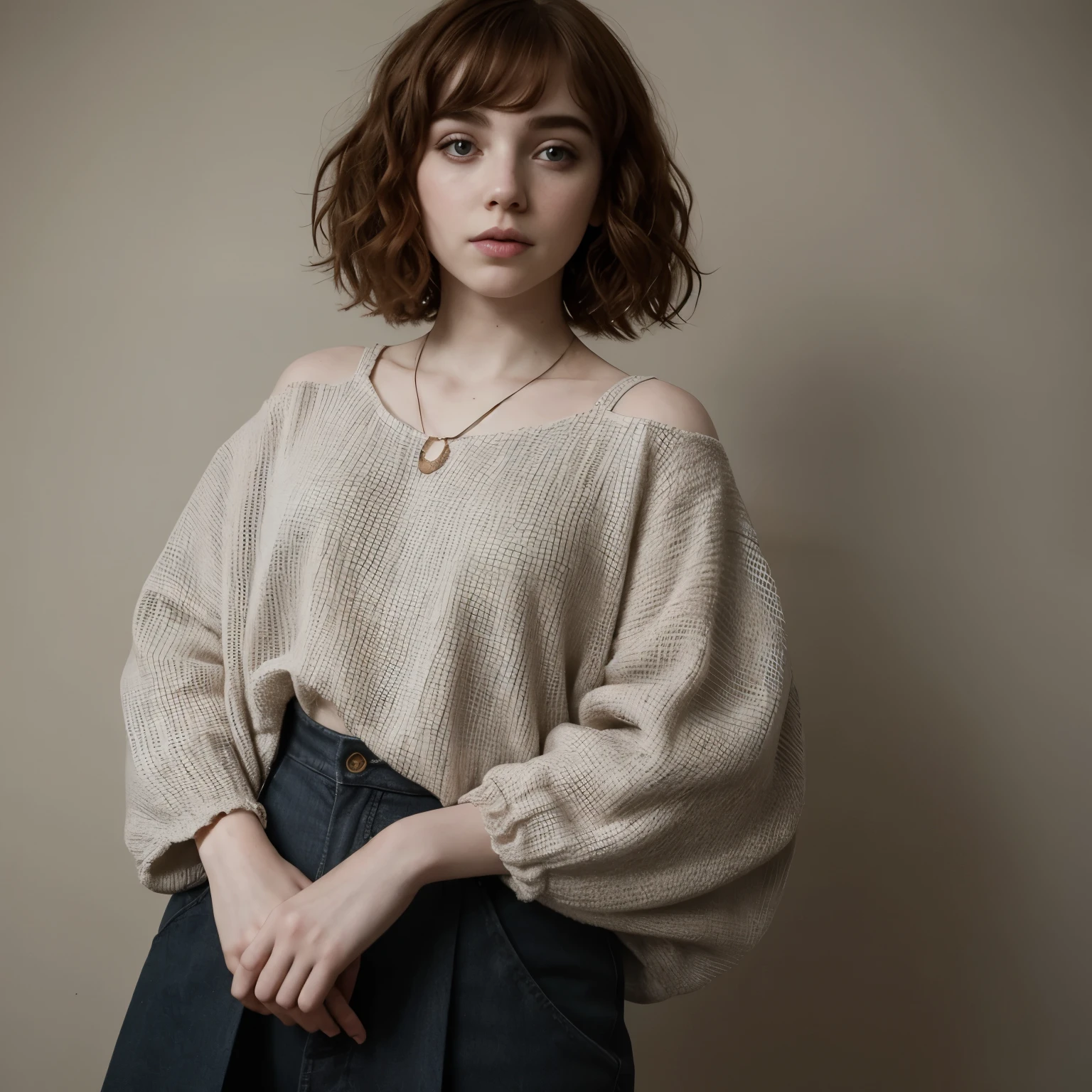 Sophia Lillis, big thick body, makeup, pale skin, long wavy hair, fishnets,