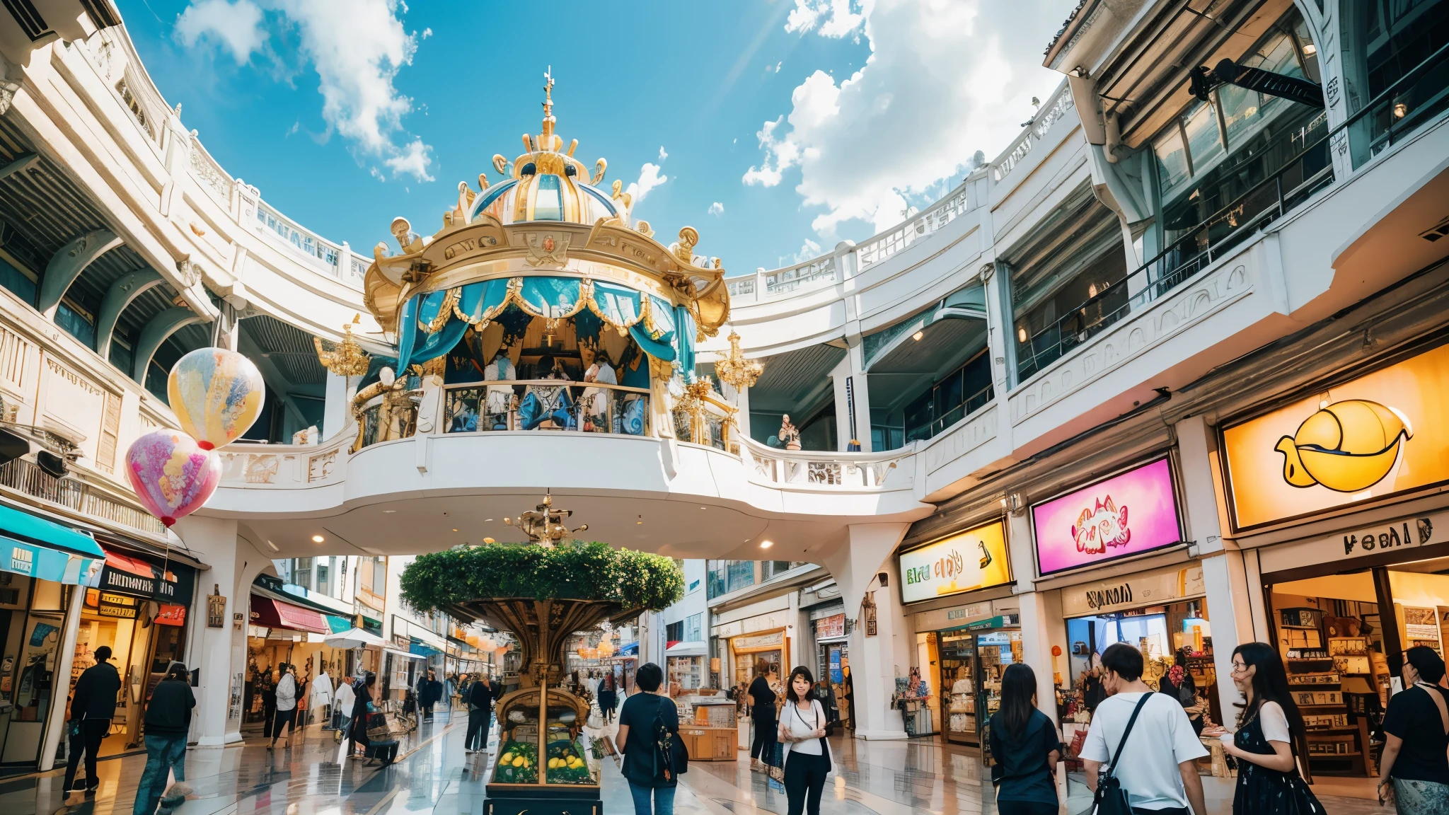 Bustling large shopping mall, People and stalls with different perspectives, There are many tropical fruits at the upper reaches of the stall., A family is shopping, Background sky with balloons and peace dove, Surrealism, rococo style, high detail, Contemporary art, cinematic lighting, chromatic aberration, god rays, ray tracing, from below, projected inset, wide shot, UHD, masterpiece, ccurate, super detail, high details, high quality, award winning, best quality, highres, 4K