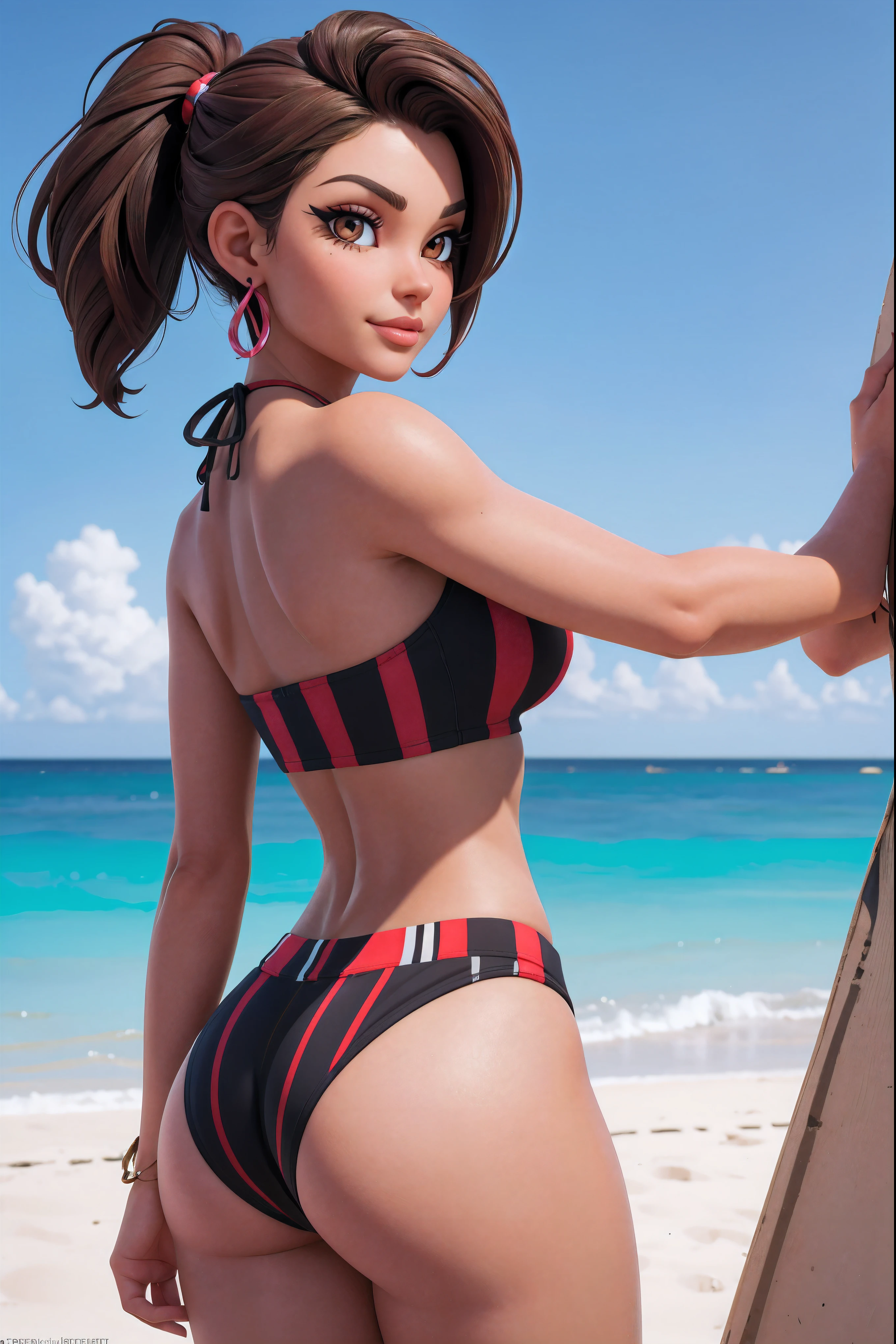 xyzruby, 1girl, brown hair, beautiful, earrings, makeup, vibrant, eyeliner, mascara, 3d render style, looking at viewer, midriff, bikini, stripe pattern, at the beach, looking back at the viewer