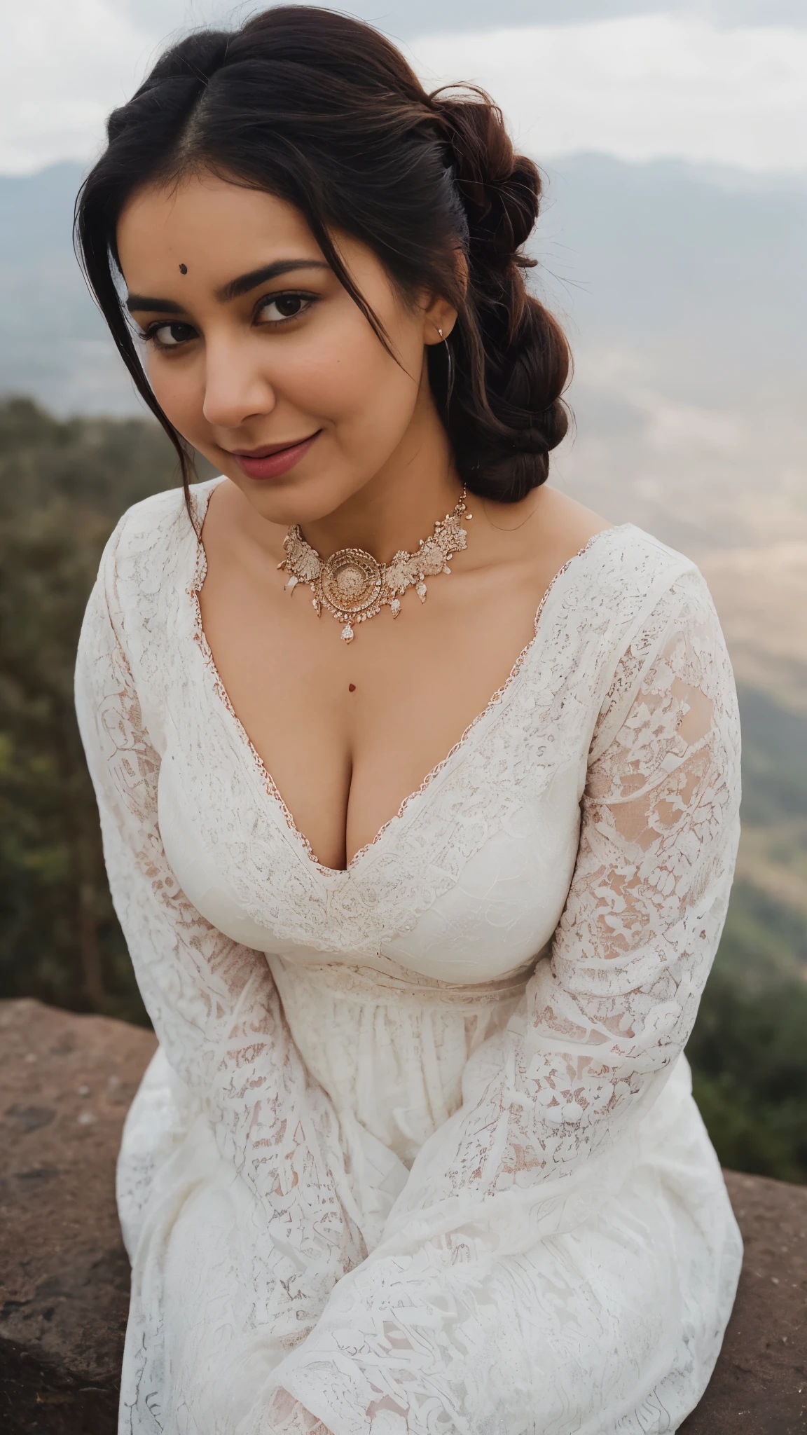 from top view, extreme close up photo of cute sexy indian, big cheeks, hourglass figure, swooping breasts, seducing on mountains, French braid hair, necklace, sultry, seductive eyes, look at viewer and subtle smile, white lace night dress, (cinematic:1.3), intricate details, (ArtStation:1.2)