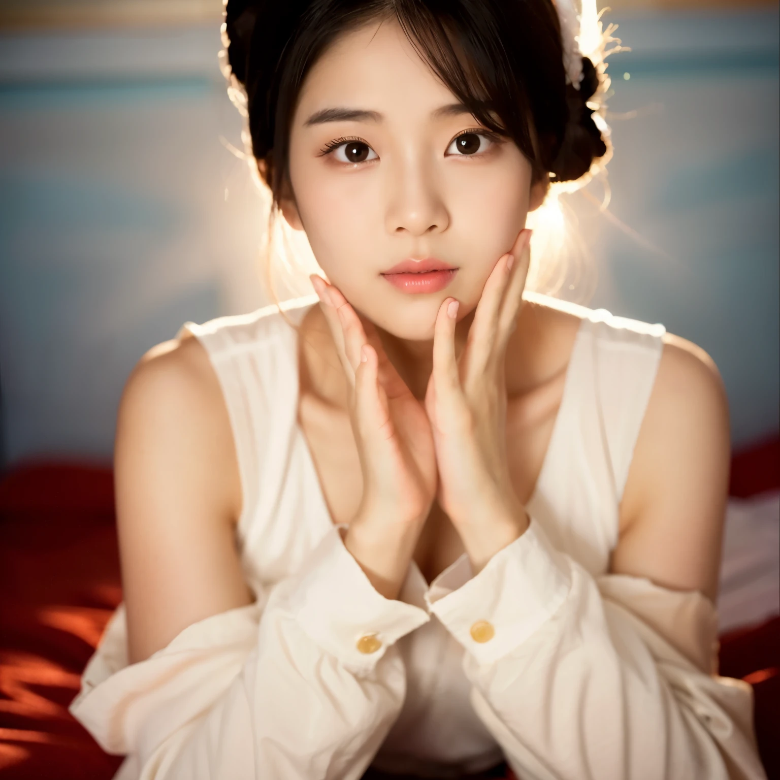 there is a woman laying on a bed with her hands on her face, young cute wan asian face, young asian girl, young adorable korean face, korean girl, beautiful young korean woman, girl cute-fine-face, gorgeous young korean woman, a young asian woman, beautiful south korean woman, posing in bed, lovingly looking at camera, chinese girl, with round cheeks