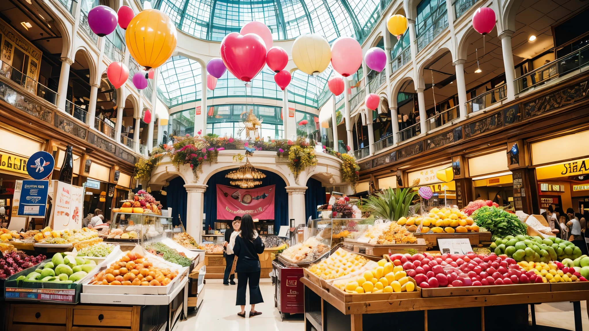 Bustling large shopping mall, People and stalls with different perspectives, There are many tropical fruits at the upper reaches of the stall., A family is shopping, Background sky with balloons and peace dove, Surrealism, rococo style, high detail, Contemporary art, cinematic lighting, chromatic aberration, god rays, ray tracing, from below, projected inset, wide shot, UHD, masterpiece, ccurate, super detail, high details, high quality, award winning, best quality, highres, 4K