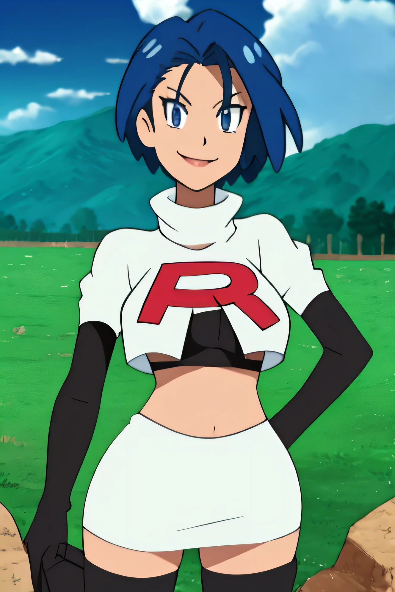 view of the valley, with grass, team rocket uniform, red letter r, white skirt,white crop top,black thigh-high boots, black elbow gloves, evil smile, looking at viewer, hands on hips