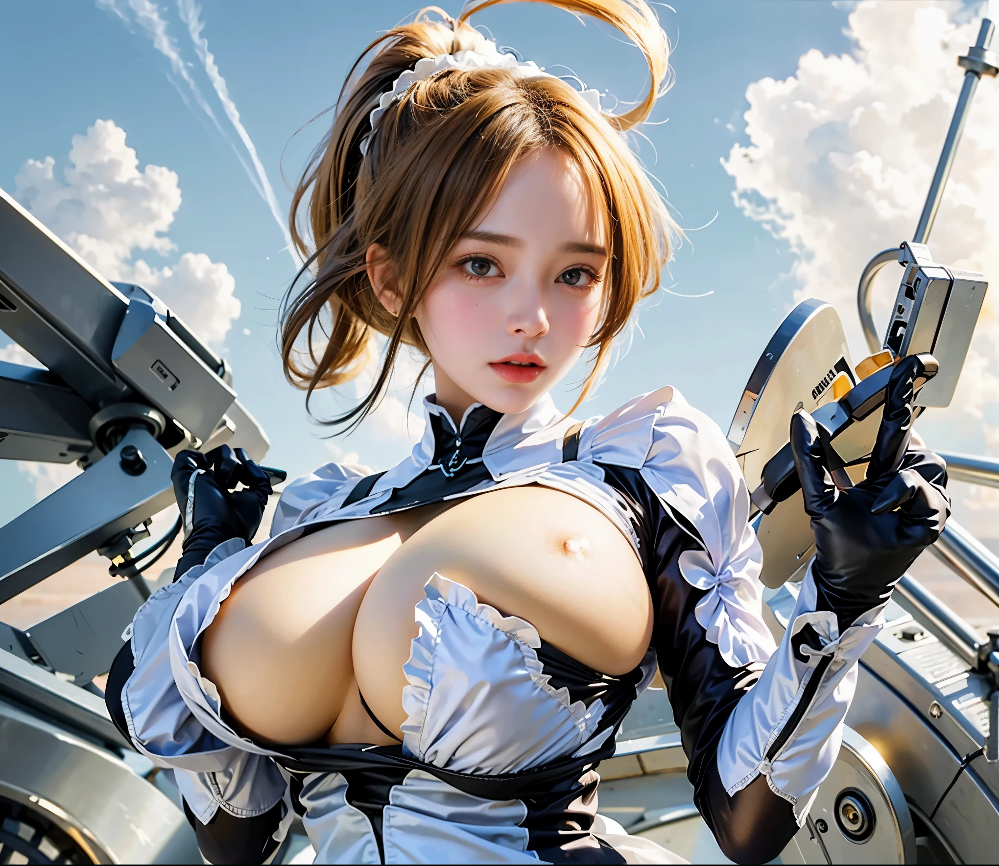 ((whole body)), ((from above)), ((actual)), 1 girl, huge breasts,Figure-eight milk,maid outfit
