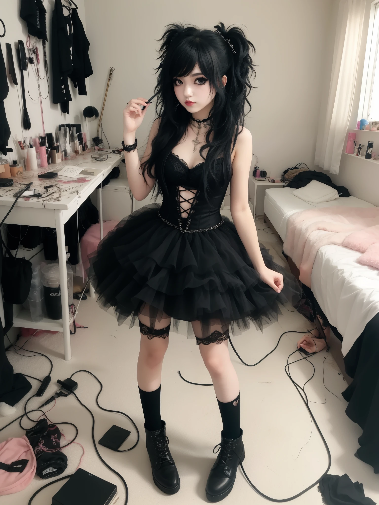 beautiful girl in messy bedroom, full body, poofy hair,
eyeliner,
emo,
emo makeup,
goth,