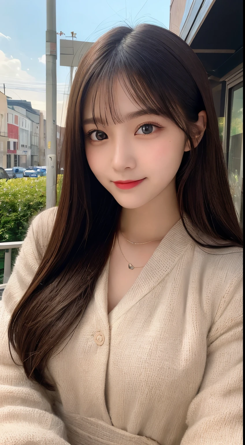 table top, highest quality, shape, Super detailed, finely, High resolution, 8k wallpaper, 完璧なダイナミックな構shape, beautiful and detailed eyes, Luxury coat（long sleeve dress)、straight hair, small breasts, natural color lip, big city、20 year old girl、midnight、beautiful and detailed face、perfect and beautiful face,Big eyes、real photos（best image quality）、smile