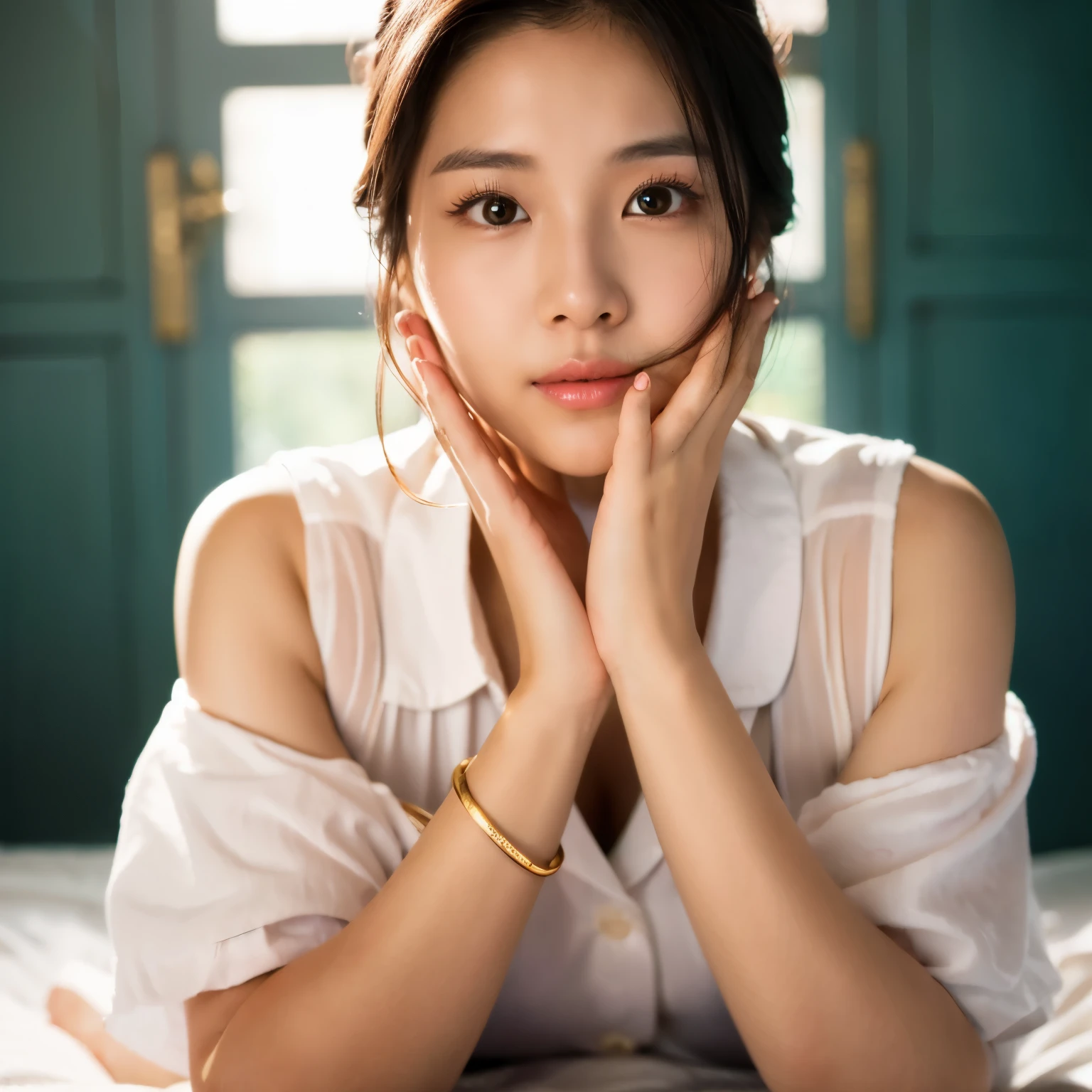 there is a woman laying on a bed with her hands on her face, young cute wan asian face, young asian girl, young adorable korean face, korean girl, beautiful young korean woman, girl cute-fine-face, gorgeous young korean woman, a young asian woman, beautiful south korean woman, posing in bed, lovingly looking at camera, chinese girl, with round cheeks