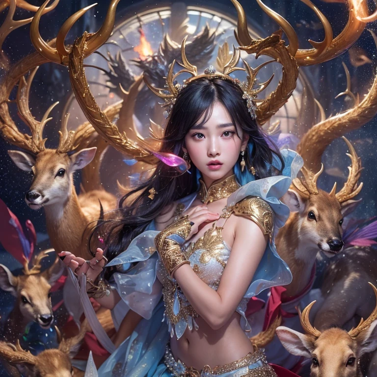 deer角飞天九尾浅蓝天师火焰毛deer星,novel,Torch Night Black Gold Orange Snake Print Silk Trousers,Rouge Diamond Tulle Sheer Lizard Print,Fat girl flying in space in the snow 1:900 miniatures,Front view,pure transparency,put on boxing gloves,佩戴金框反Light太阳镜,Panoramic super wide angle,very happy,Authentic and delicate texture,Strong visual impact,super detailed,dream girl,delicate face型,beautiful eyes,Hair floating in the air, cherry style,Zhou Xiaotong,crystal clear,Good sense of perspective,Light影效果,16KLight滑,surface reflected Light,flowing black hair,Water Goddess 32K,complicated,grace,Very detailed,Gorgeous,digital photography,Autumn Cowboy Shooting,Surrealism,broken ruby,defeat magic,Water magic entanglement,(masterpiece,Light,beautiful eyes:1.2),high dynamic range,void 5 energy storm,(china 1 girl,black eyes:1.5),rouge skin,发Light的皮肤,(sit on stone:1.5),delicate face,black hair,穿上Gorgeous金色铠甲,take off shoulders,deer,short skirt,beautiful golden armor,it'it'It's raining,beautiful,Don't look at the audience,Turn your back to the camera,masterpiece,side,side portrait close-up
