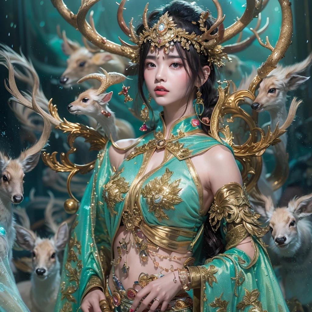 deer角飞天九尾浅蓝天师火焰毛deer星,novel,Torch Night Black Gold Orange Snake Print Silk Trousers,Rouge Diamond Tulle Sheer Lizard Print,Fat girl flying in space in the snow 1:900 miniatures,Front view,pure transparency,put on boxing gloves,佩戴金框反Light太阳镜,Panoramic super wide angle,very happy,Authentic and delicate texture,Strong visual impact,super detailed,dream girl,delicate face型,beautiful eyes,Hair floating in the air, cherry style,Zhou Xiaotong,crystal clear,Good sense of perspective,Light影效果,16KLight滑,surface reflected Light,flowing black hair,Water Goddess 32K,complicated,grace,Very detailed,Gorgeous,digital photography,Autumn Cowboy Shooting,Surrealism,broken ruby,defeat magic,Water magic entanglement,(masterpiece,Light,beautiful eyes:1.2),high dynamic range,void 5 energy storm,(china 1 girl,black eyes:1.5),rouge skin,发Light的皮肤,(sit on stone:1.5),delicate face,black hair,穿上Gorgeous金色铠甲,take off shoulders,deer,short skirt,beautiful golden armor,it'it'It's raining,beautiful,Don't look at the audience,Turn your back to the camera,masterpiece,side,side portrait close-up