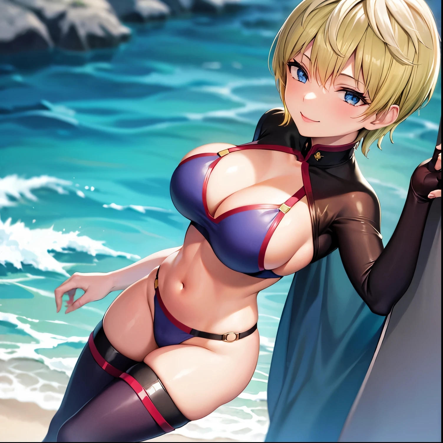 1girl, alone,Tenka izumo,masterpiece, best quality, absurdres, perfect anatomy, bikini, cleavage, standing, arms behind back, leaning forward, smile, outdoors, beach scene, big breasts, medium waist, wide hips, medium thighs, short hair, blonde hair, blue eyes