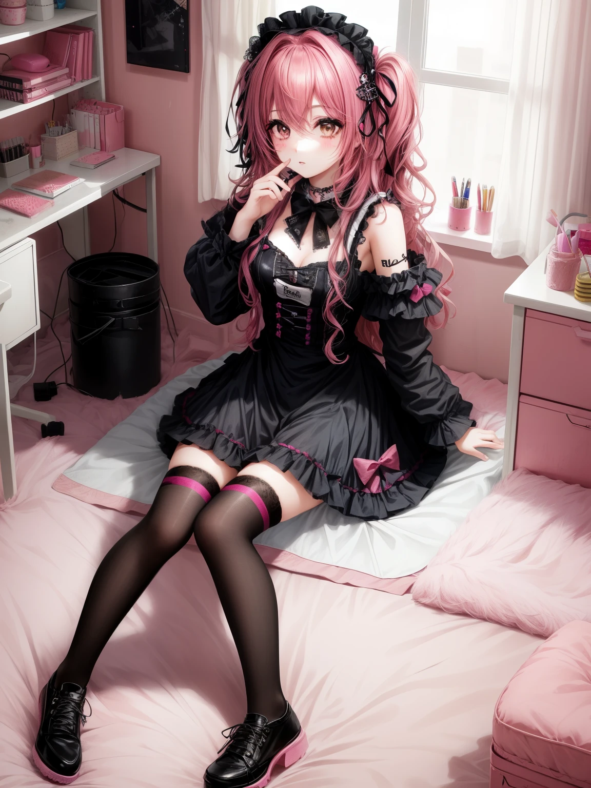 beautiful girl in messy bedroom, full body, poofy hair,
eyeliner,
emo,
emo makeup,
goth, pink hair