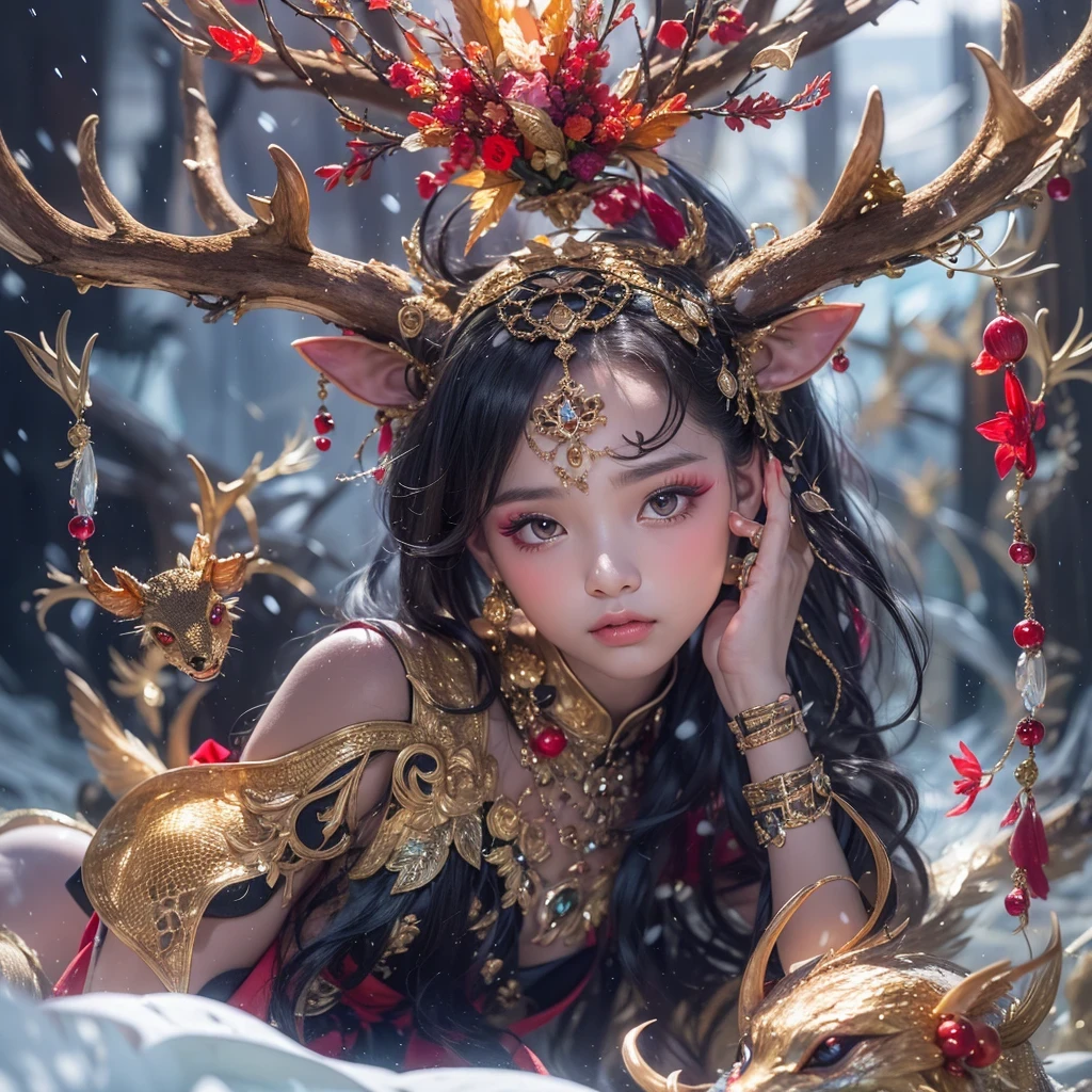 deer角飞天九尾浅蓝天师火焰毛deer星，novel，Torch Night Black Gold Orange Snake Print Silk Trousers，Rouge Diamond Tulle Sheer Lizard Print，Fat girl flying in space in the snow 1:900 miniatures，Front view，pure transparency，put on boxing gloves，佩戴金框反Light太阳镜，Panoramic super wide angle，very happy，Authentic and delicate texture，Strong visual impact，super detailed，dream girl，delicate face型，beautiful eyes，Hair floating in the air， cherry style，Zhou Xiaotong，crystal clear，Good sense of perspective，Light影效果，16KLight滑，surface reflected Light，flowing black hair，Water Goddess 32K，complicated，grace，Very detailed，Gorgeous，digital photography，Autumn Cowboy Shooting，Surrealism，broken ruby，defeat magic，Water magic entanglement，（masterpiece，Light，beautiful eyes：1.2），high dynamic range，void 5 energy storm，(china 1 girl，black eyes:1.5），rouge skin，发Light的皮肤，(sit on stone：1.5），delicate face，black hair，穿上Gorgeous金色铠甲，take off shoulders，deer，short skirt，beautiful golden armor，it&#39;it&#39;It&#39;s raining，beautiful，Don&#39;t look at the audience，Turn your back to the camera，masterpiece，side,side portrait close-up