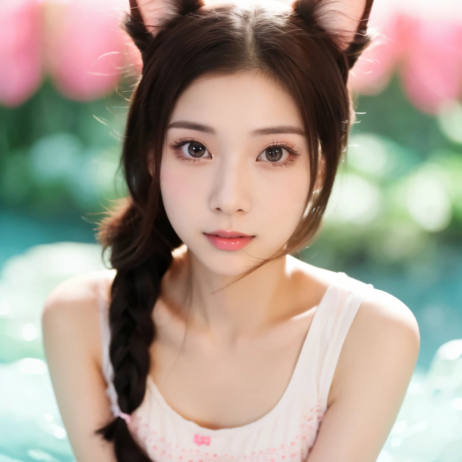 there is a woman with a pink tank top and a white cat ears, 2 2 years old, 18 years old, 21 years old, 2 7 years old, 2 3 years old, 19-year-old girl, 2 8 years old, korean girl, young cute wan asian face, 2 9 years old, xintong chen, wan adorable korean face