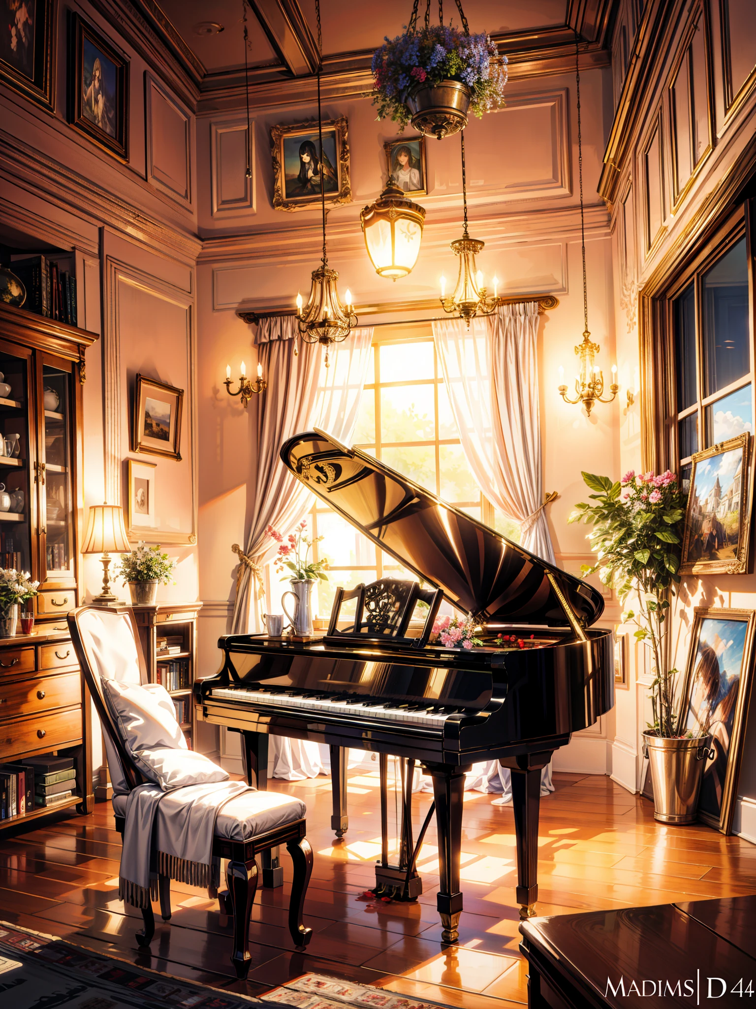 painting of a French piano room interior view, beautiful calm lofi vibe,hanging lights  , fairy lights, flowers, potted plants, bohemian decor, golden hour,4k hd,beautiful art uhd 4 k, a beautiful artwork illustration, beautiful digital painting, highly detailed digital painting, beautiful digital artwork, detailed painting 4 k, very detailed digital painting, rich picturesque colors, gorgeous digital painting