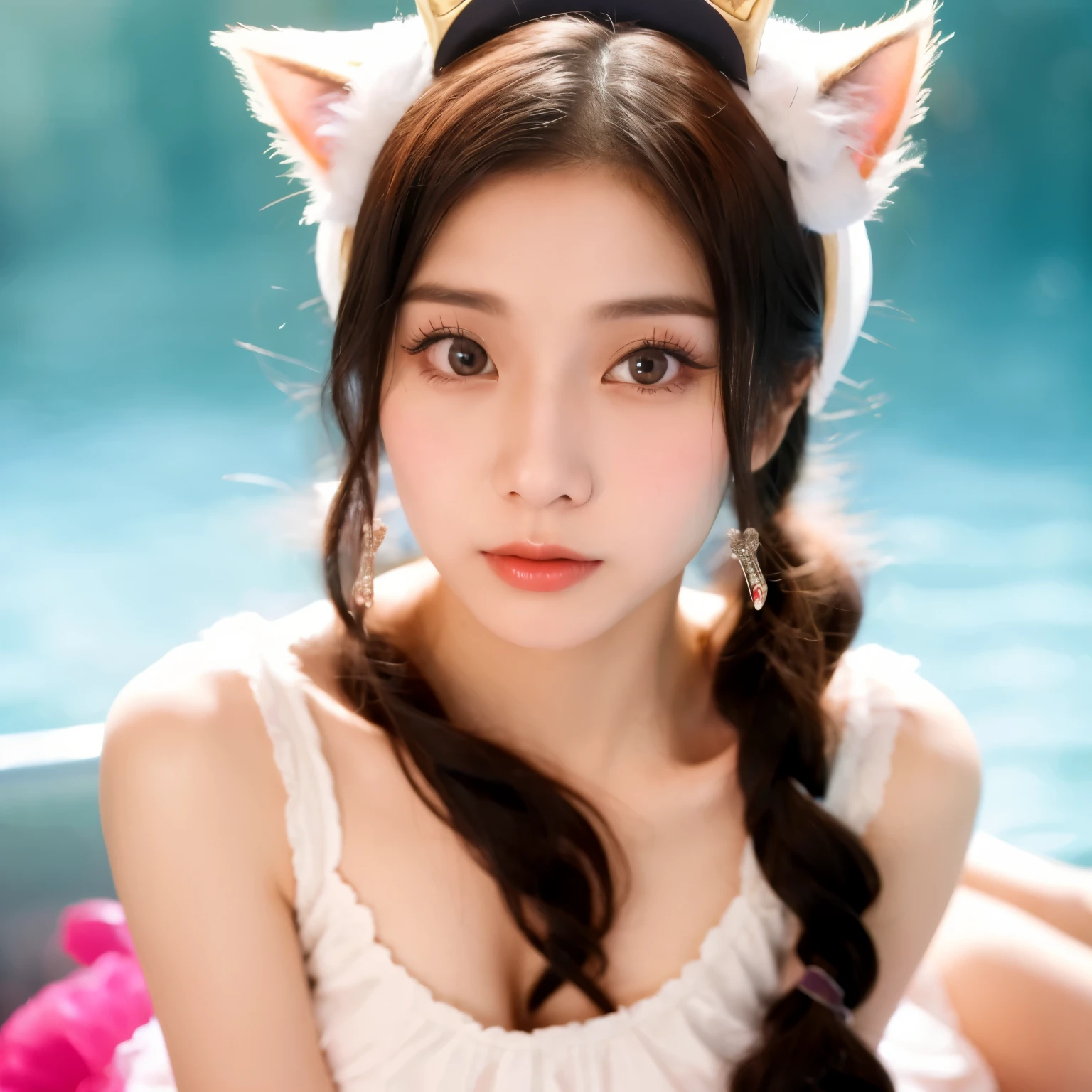 there is a woman with a pink tank top and a white cat ears, 2 2 years old, 18 years old, 21 years old, 2 7 years old, 2 3 years old, 19-year-old girl, 2 8 years old, korean girl, young cute wan asian face, 2 9 years old, xintong chen, wan adorable korean face