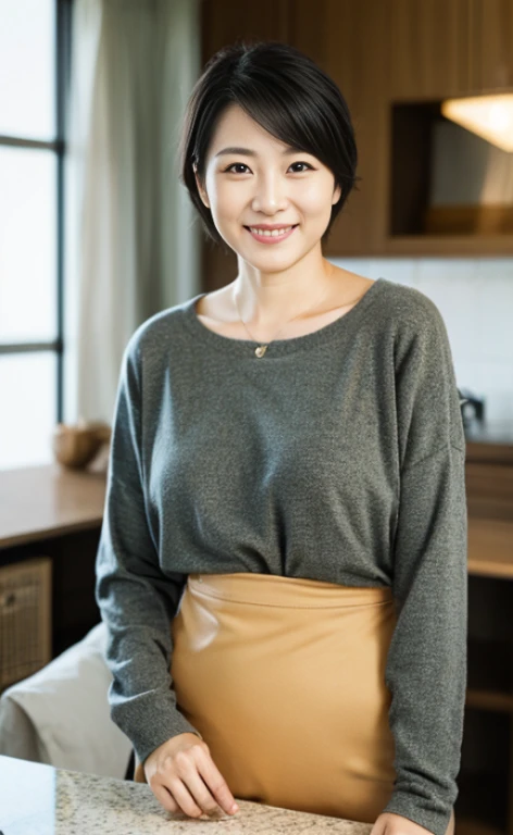 Portrait、8k、high quality、realistic photo images、29-year-old、japanese woman、neat wife、、housewife、Reproduces natural and realistic eyes、japanese stand、beautiful black hair、short hair、light makeup、octane rendering、beautiful lighting、composition of golden ratio、laughter、everyday wear、casual clothes、natural background、blurred background、High level image quality、Pure Japanese humanity、beautiful wife、Upper body、light makeup、No makeup、pure beauty、plain clothes、grey、beige、green、Plain color、casual clothes、slight smile、small black eyes、background bokeh