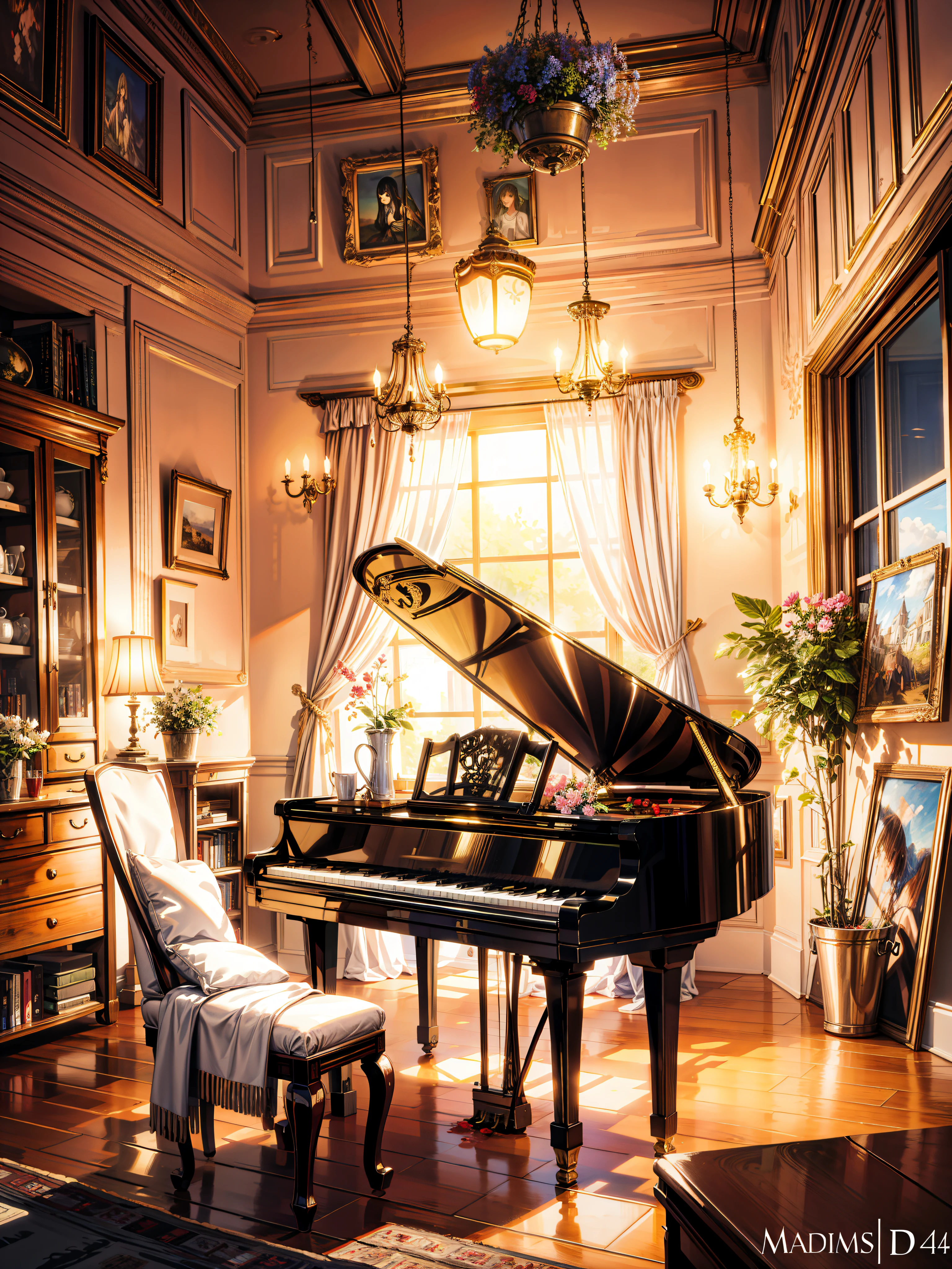 painting of a French piano room interior view, beautiful calm lofi vibe,hanging lights , fairy lights, flowers, potted plants, bohemian decor, golden hour,4k hd,beautiful art uhd 4 k, a beautiful artwork illustration, beautiful digital painting, highly detailed digital painting, beautiful digital artwork, detailed painting 4 k, very detailed digital painting, rich picturesque colors, gorgeous digital painting