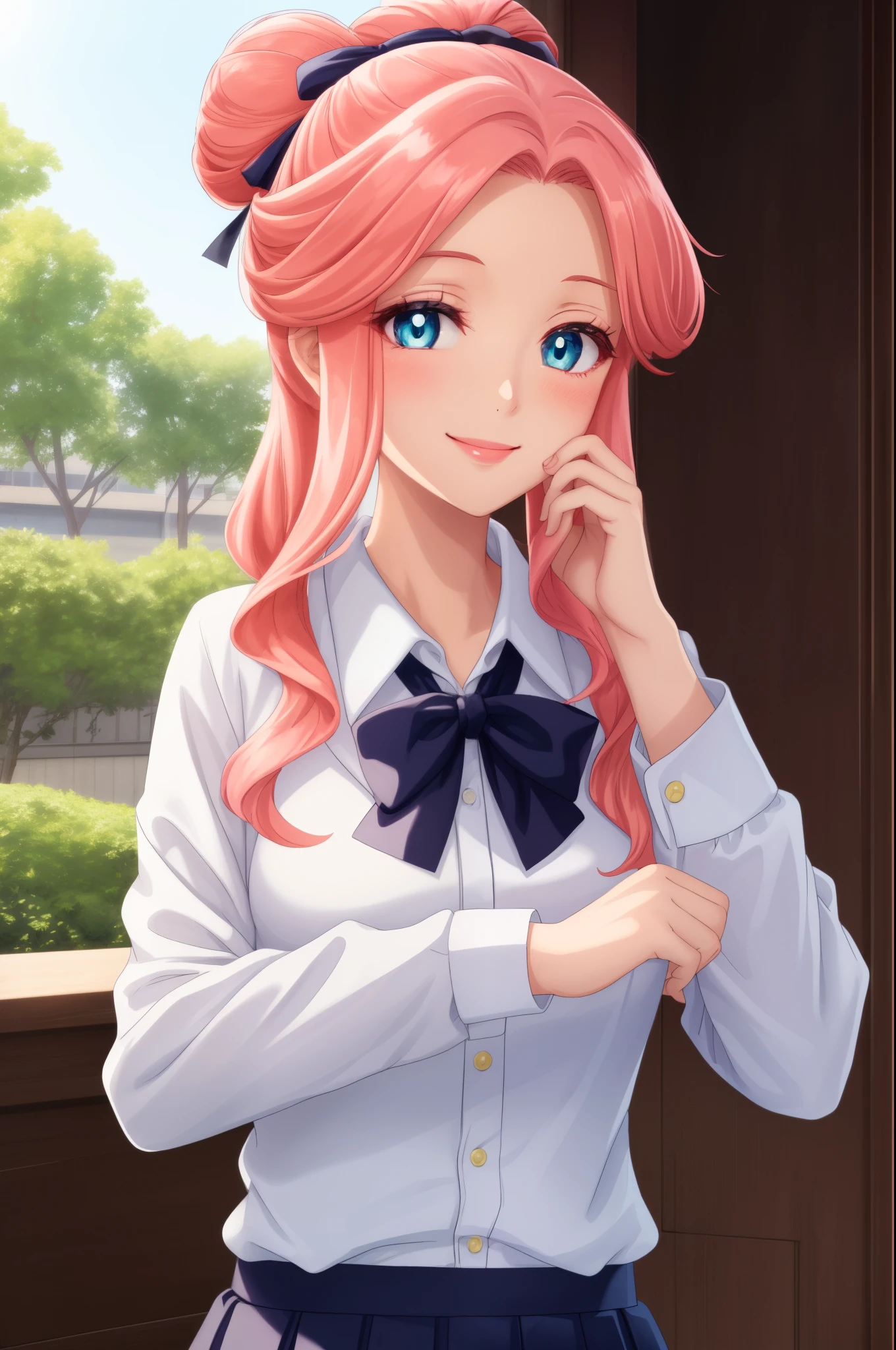 Gyokuha, Gyokuha妃, (1 girl:1.), (solo:1.3), long hair, pink hair, bun hair, single hair, white buttoned shirt, gray blazer, school uniform, black bow tie, gray pleated skirt, (masterpiece:1.2), highest quality, High resolution, unity 8k wallpaper, (An illustration: 0.8), (detailed and beautiful eyes:1.6), highly detailed face, perfect lighting, Detailed CG, (perfect hands, perfect anatomy), (smile:1.3), gentle smile, blush, Upper body, mcdonalds, free pose