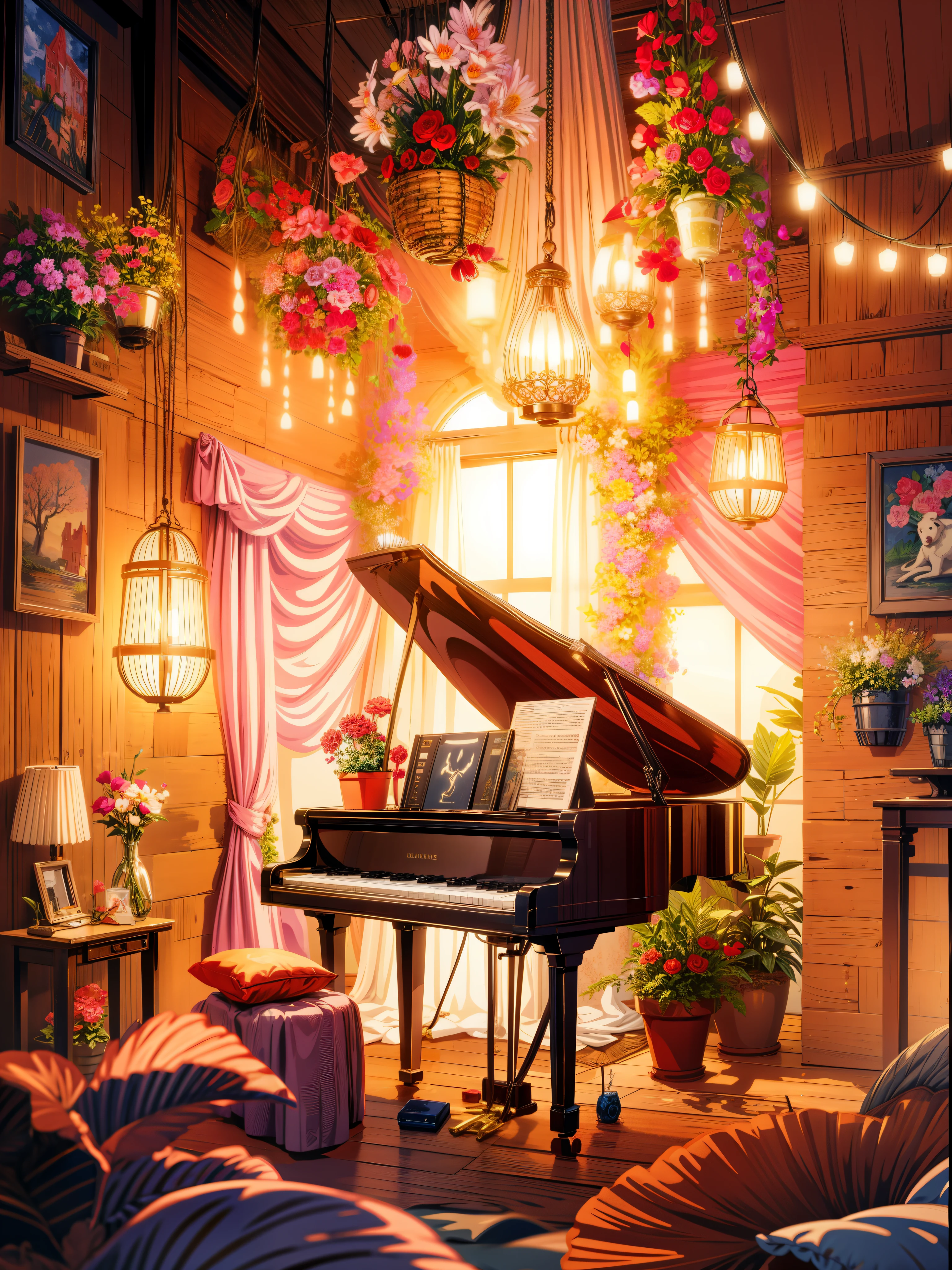 painting of a French piano room interior view, beautiful calm lofi vibe,hanging lights , fairy lights, flowers, potted plants, bohemian decor, golden hour,4k hd,beautiful art uhd 4 k, a beautiful artwork illustration, beautiful digital painting, highly detailed digital painting, beautiful digital artwork, detailed painting 4 k, very detailed digital painting, rich picturesque colors, gorgeous digital painting
