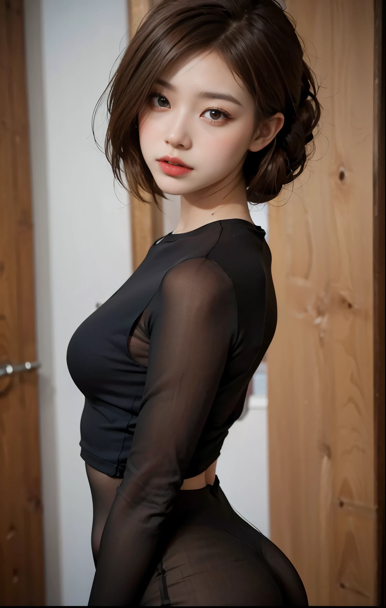 Reddish-brown hair,long hair,curls,high ponytail hairstyle,red headdress,red eyes,red eyes,