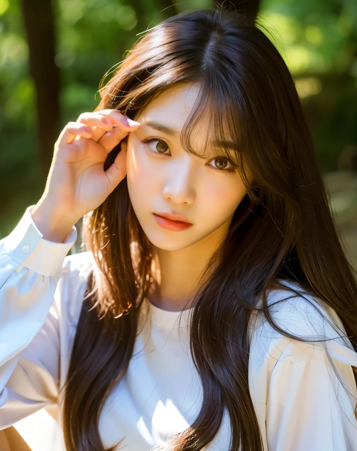 there is a woman with long hair wearing a white shirt, ulzzang, korean girl, heonhwa choe, sakimichan, xintong chen, sun yunjoo, lee ji - eun, lee ji-eun, wenfei ye, jaeyeon nam, park ji-min, jinyoung shin, chiho, yun ling, gongbi