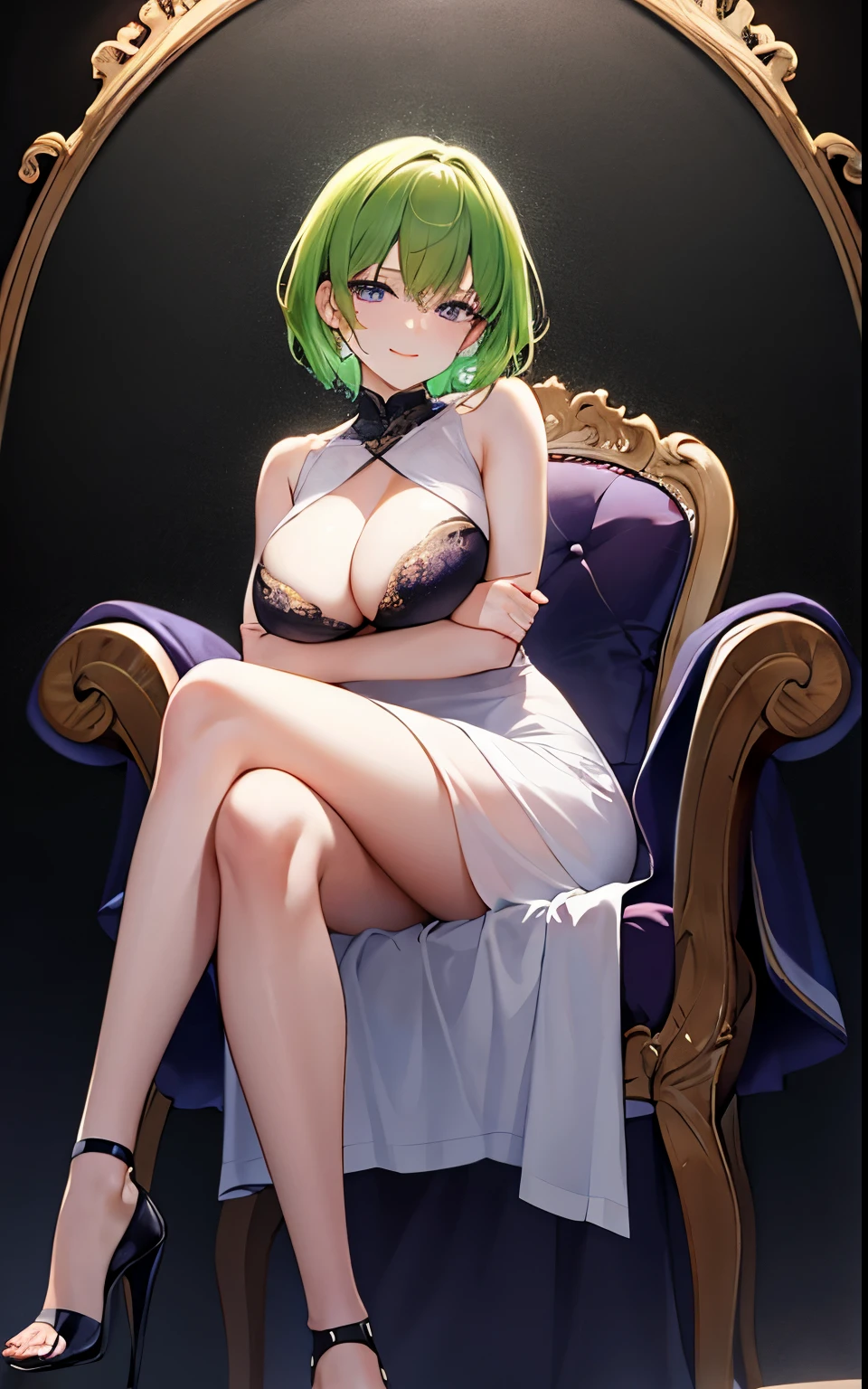 high resolution、detailed、masterpiece、highest quality、High resolution、woman,green hair、short hair、Shining eyes、purple eyes、sideways glance、big breasts、Bewitching、night、Suspicious atmosphere、in the darkness、detailedワンピース、Attractive body lines、black background、Beautiful leg lines、suspicious smile、sitting in a chair、front、white dress、legs crossed、arms folded
