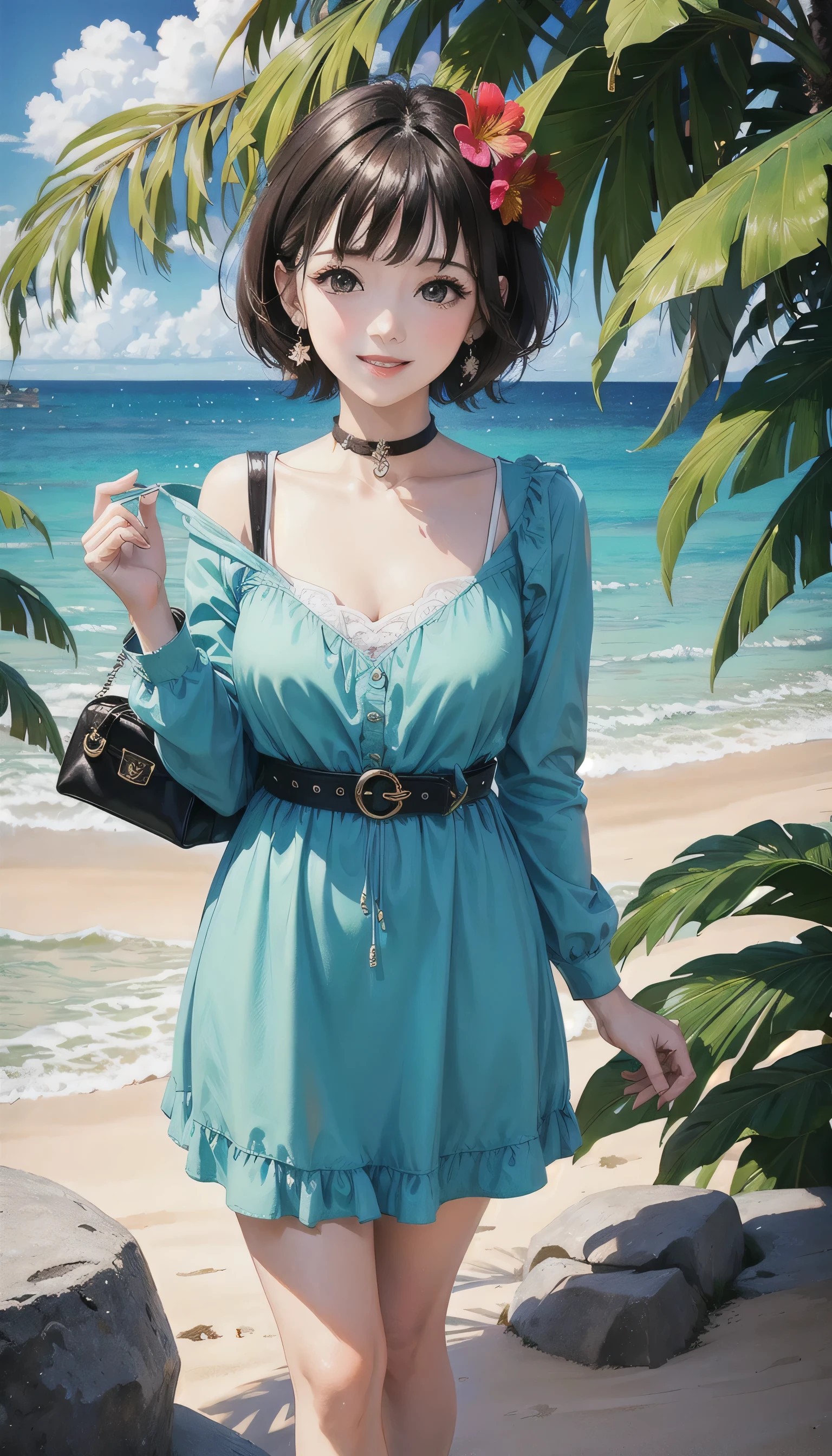  full body,masterpiece, best quality,photorealistic,1girl,smiling,short hair,Flower hair clip,choker,earring,look looking at viewer,(Cleavage:0.75),Morning light,seaside,beach,Volkswagen T1,coconut trees,ocean,sky,flowers,