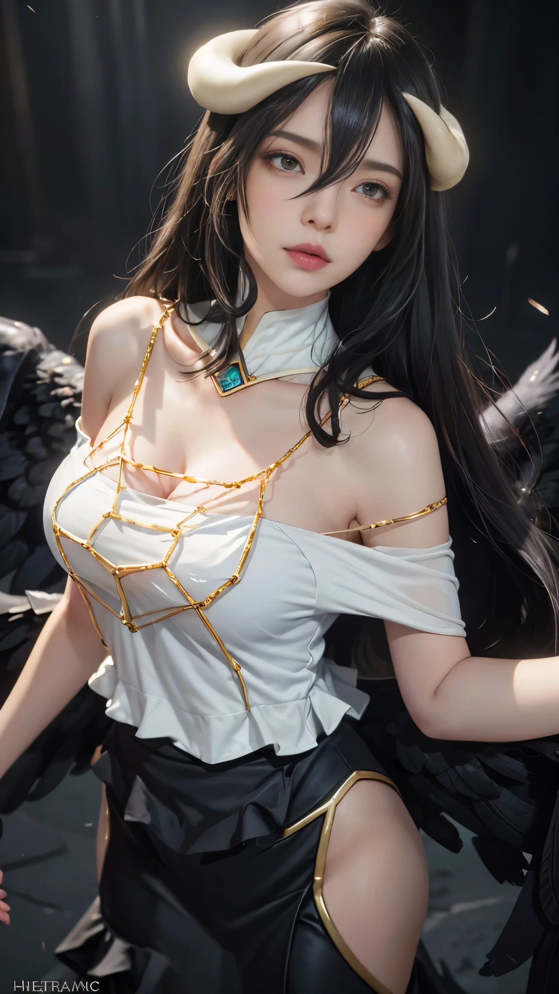 Masterpiece, Best quality, Ultra-detailed, illustration, epic lighting, Cinematic composition, isometry,(hexagons:1.2), 1girll, Horns, Solo, Yellow eyes, Black hair, Long hair, (Low wing:1.2), Large cleavage, Bare shoulders, hair between eye, Medium breasts, (White dress:1.1), Golden decoration, Detached collar, view the viewer, Semi-closed Eyes, (view the viewer:1.1), parted lip, Blush, Black feathers fall, Arena, particle fx, (8K:1.1)