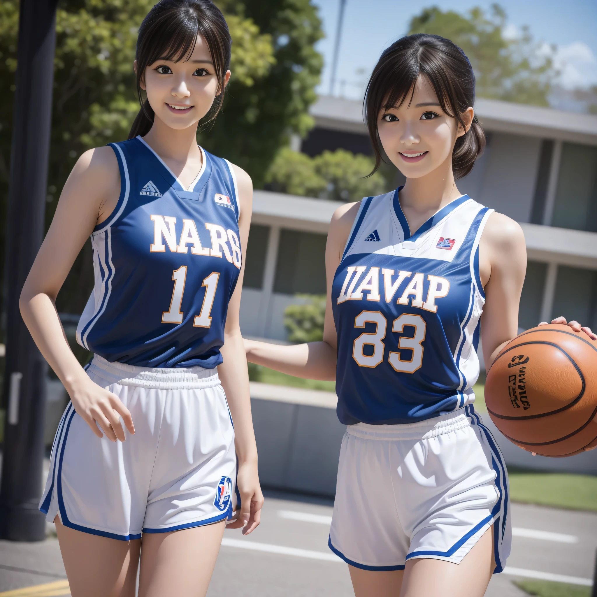 Asian woman in basketball uniform, wearing basketball jersey, white backgrounid, wearing nba jersey, cowboy  shot, longshot, Refreshing young Japan woman, 17 age,Cute gravure idol, full-body xianxia, model is wearing techtical vest, Smile, nffsw, masutepiece, awardwinning, 8K, Best Quality, Smile refreshingly, Haruka Ayase, assist々Kiki, Kana Hashimoto, Anatomically correct, awardwinning, nffsw, masutepiece, 8K