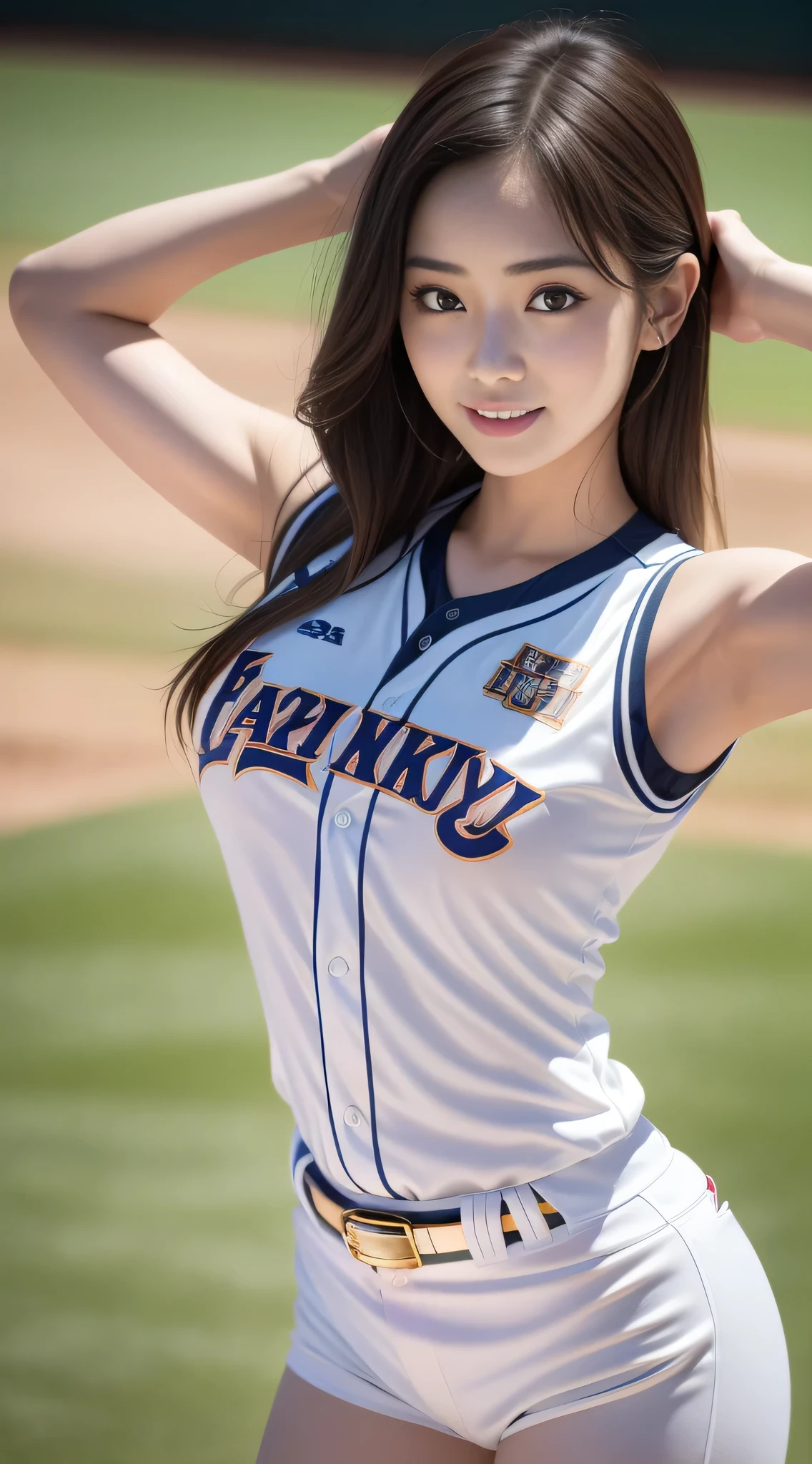 Photo of Aurafeed woman in baseball uniform,(Photorealsitic:1.2), (Reflecting the whole body), (longshot),(Flush cheeks),with arms up,(active movement),((Background during a baseball game:1.2)), ((Baseball Uniforms)),Back lighting,realisitic,18year old,(A smile), (glowy skin), sakimichan,tzuyu from twice, Young Pretty Gravure Idol,  Japanese Models, Realistic Young Gravure Idol,perfect anatomia, Haruka Ayase, assist々Kiki, Kana Hashimoto, Mai Shiraishi, Nishino Nanase, Mayu Watanabe, Yuki Yoda, assist々xylophone, Aoi Miyazaki, Yuko Takeuchi, Yuki Uchida, Suzu Hirose, Aya Ueto,Gal Style Makeup,mascara,cute little,Double eyelids,Tear bag,teak,Eye lashes,Happy, depth of fields, Cowboy Shot,nffsw, Best Quality, awardwinning, hight resolution, (Anatomically correct),Healthy body, in 8K, Anatomically correct, (Colossal tits),(large boob),pale tan marks,hitornfreckles,spreading arms