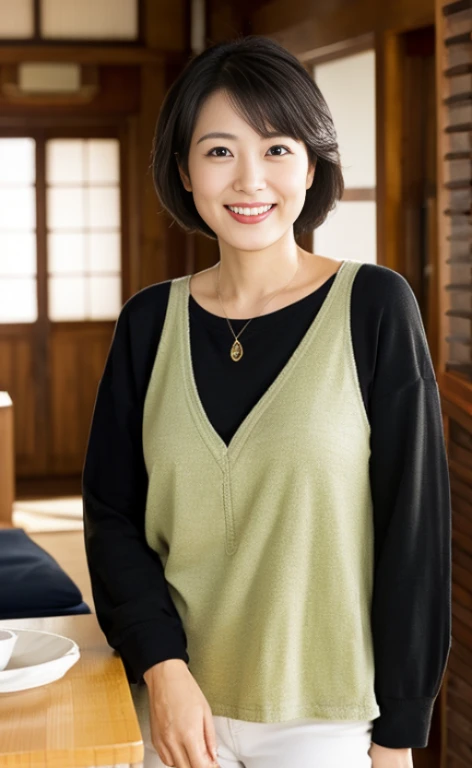 Portraiture、、high quality、Realistic Photographic Images、 42years old、Japanese women、A decent wife、、housewife、Natural and realistic eyes、Japanese Stand、Beautiful black hair、short hair、light makeup、Octane Rendering、Beautiful lighting、Golden ratio composition、Laughter、Casual wear、Casual clothing、Natural background、Blurred Background、high resolution、Pure Japanese humanity、Beautiful wife、whole body、light makeup、 makeup、Pure beauty、Private Server、gray、beige、green、Plain、Casual clothing、smile、Small black eyeini skirt、Background blur