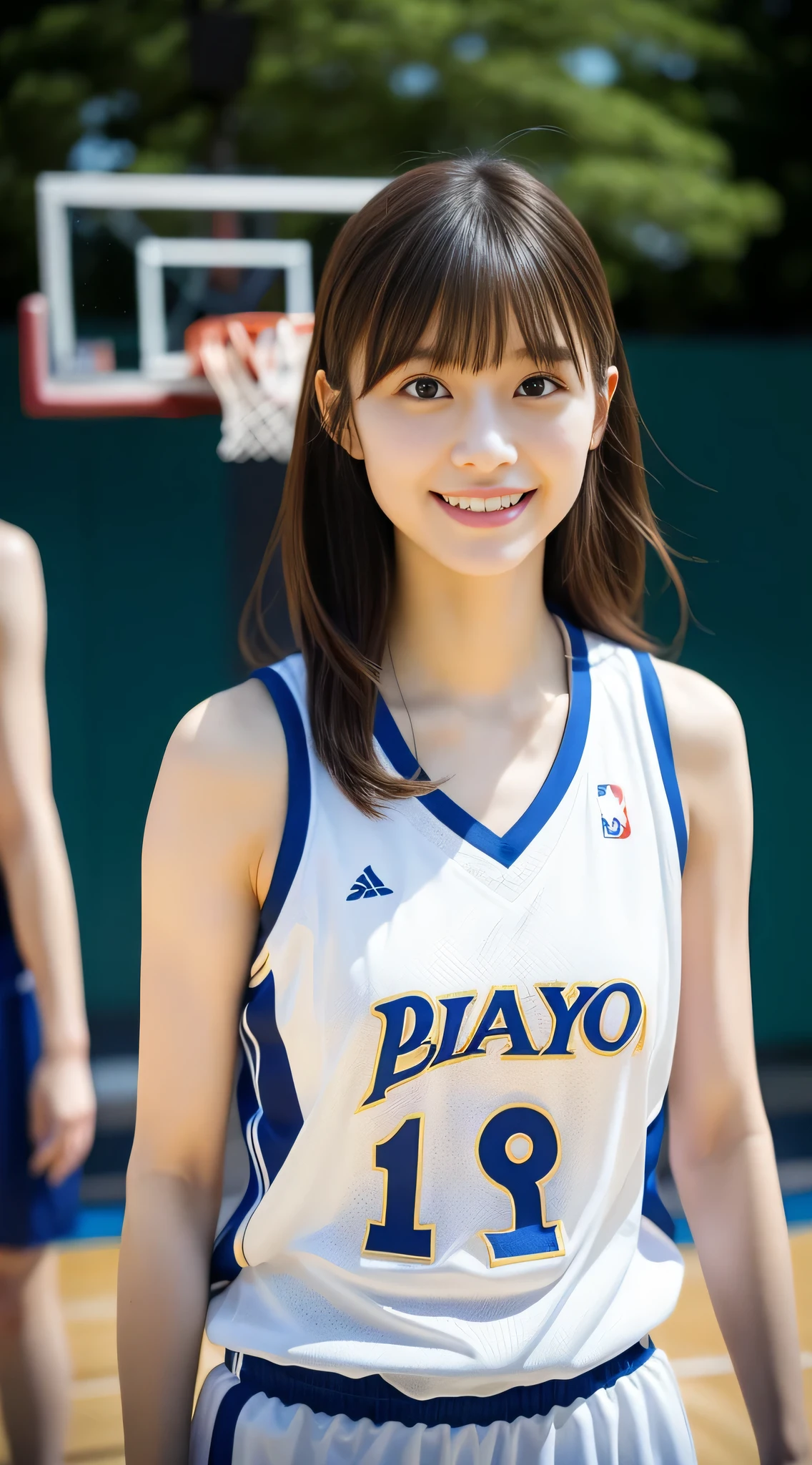 (Background during a basketball game),Asian woman in basketball uniform, wearing basketball jersey, (Photorealsitic:1.2),  (Anatomically correct), (Reflecting the whole body), (longshot),A smile,half-pants, closeup portrait shot, Refreshing young Japan woman, Cute gravure idol, full-body xianxia, nffsw, masutepiece, awardwinning, 8K, Best Quality, assist々Kiki, Kana Hashimoto, Mai Shiraishi, Nishino Nanase, Mayu Watanabe, Yuki Yoda, assist々xylophone, awardwinning, nffsw, masutepiece, Anatomically correct, At 8K,perfect-composition,Photographed by a professional photographer