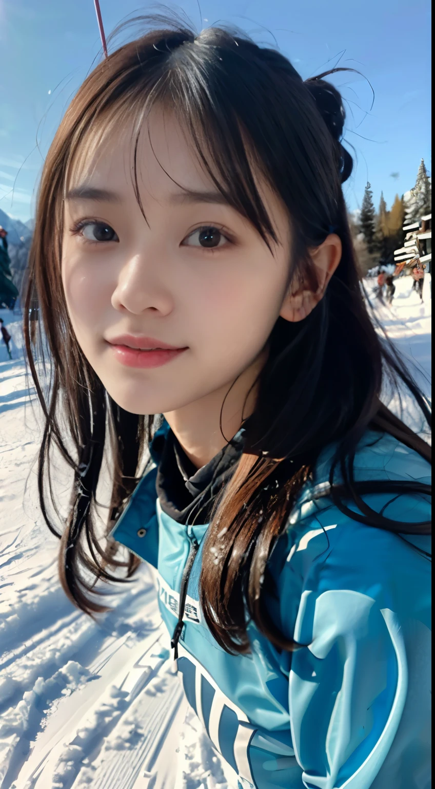 (Close up portrait of one girl with slender small breast and long hair dressed in colorful ski clothes。:1.5)、(A girl skiing with her face raised :1.5)、(snow ski garden:1.5)、(Beautiful sunset red sky 1.5)、(perfect anatomy:1.3)、(no mask:1.3)、(full finger:1.3)、Photoreal、Raw photo、table top、highest quality、High resolution、delicate and beautiful、perfect face、detailed and beautiful eyes、Fair skin、real human skin、pores、((thin legs))、(black hair)