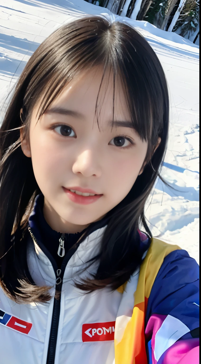 (Close up portrait of one girl with slender small breast and long hair dressed in colorful ski clothes。:1.5)、(A girl skiing with her face raised :1.5)、(snow ski garden:1.5)、(Beautiful sunset red sky 1.5)、(perfect anatomy:1.3)、(no mask:1.3)、(full finger:1.3)、Photoreal、Raw photo、table top、highest quality、High resolution、delicate and beautiful、perfect face、detailed and beautiful eyes、Fair skin、real human skin、pores、((thin legs))、(black hair)