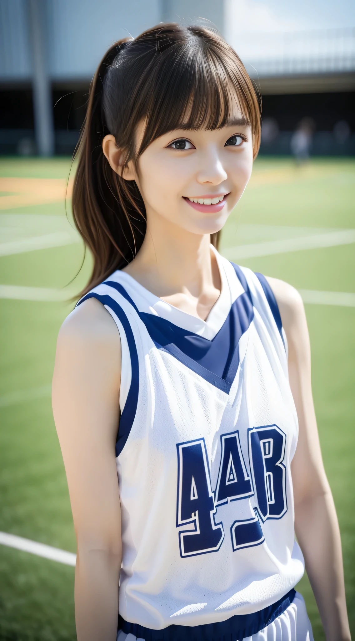 (Background during a basketball game),Asian woman in basketball uniform, wearing basketball jersey, (Photorealsitic:1.2),  (Anatomically correct), (Reflecting the whole body), (longshot),A smile,half-pants, closeup portrait shot, Refreshing young Japan woman, Cute gravure idol, full-body xianxia, nffsw, masutepiece, awardwinning, 8K, Best Quality, assist々Kiki, Kana Hashimoto, Mai Shiraishi, Nishino Nanase, Mayu Watanabe, Yuki Yoda, assist々xylophone, awardwinning, nffsw, masutepiece, Anatomically correct, At 8K,perfect-composition,Photographed by a professional photographer